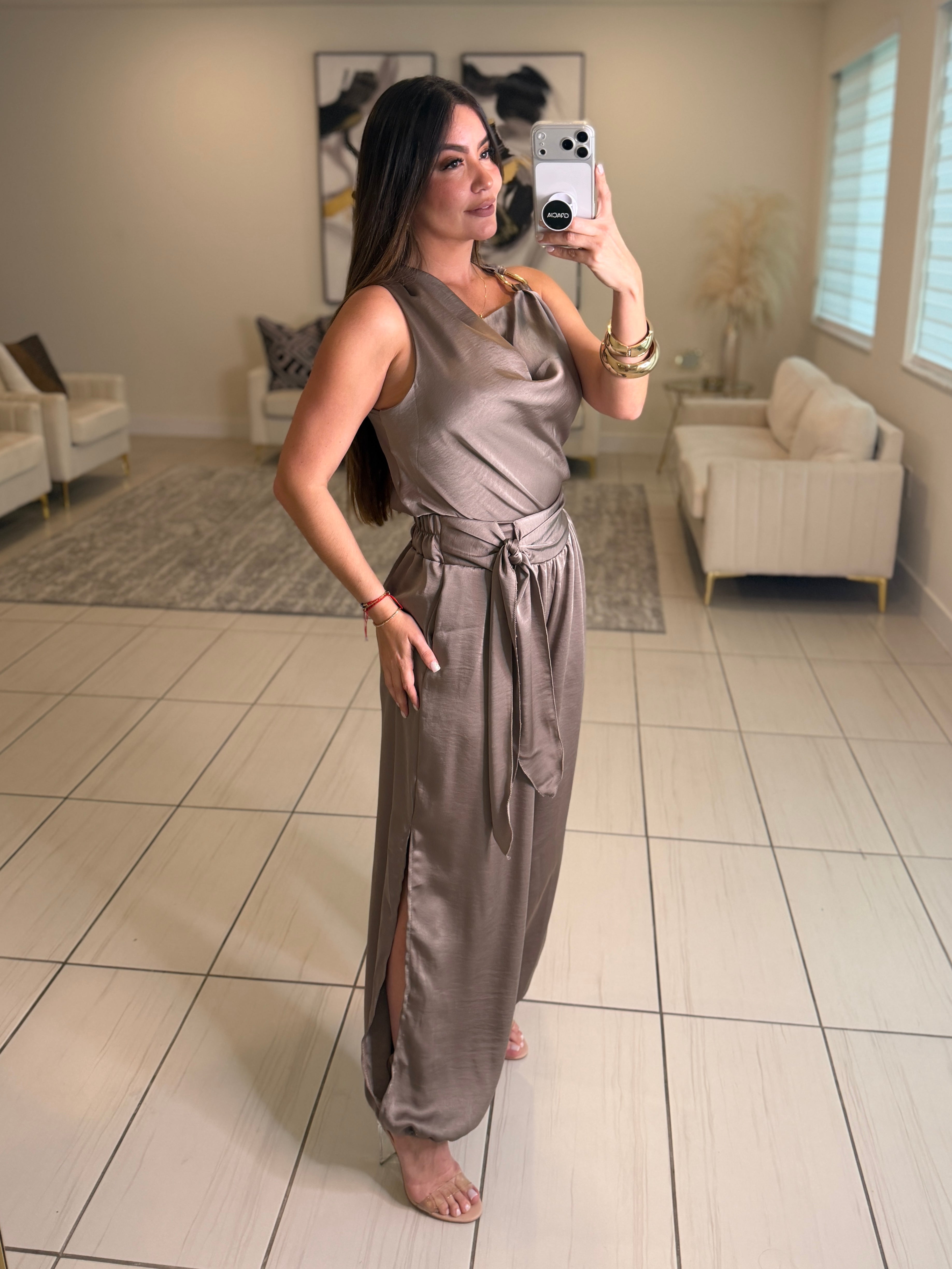 Effortless Essence Ruched Taupe Pant Set
