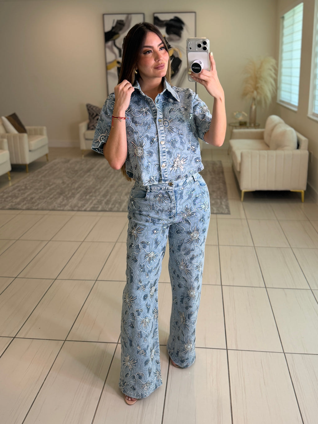 Blossom Sequin Denim Pant Set