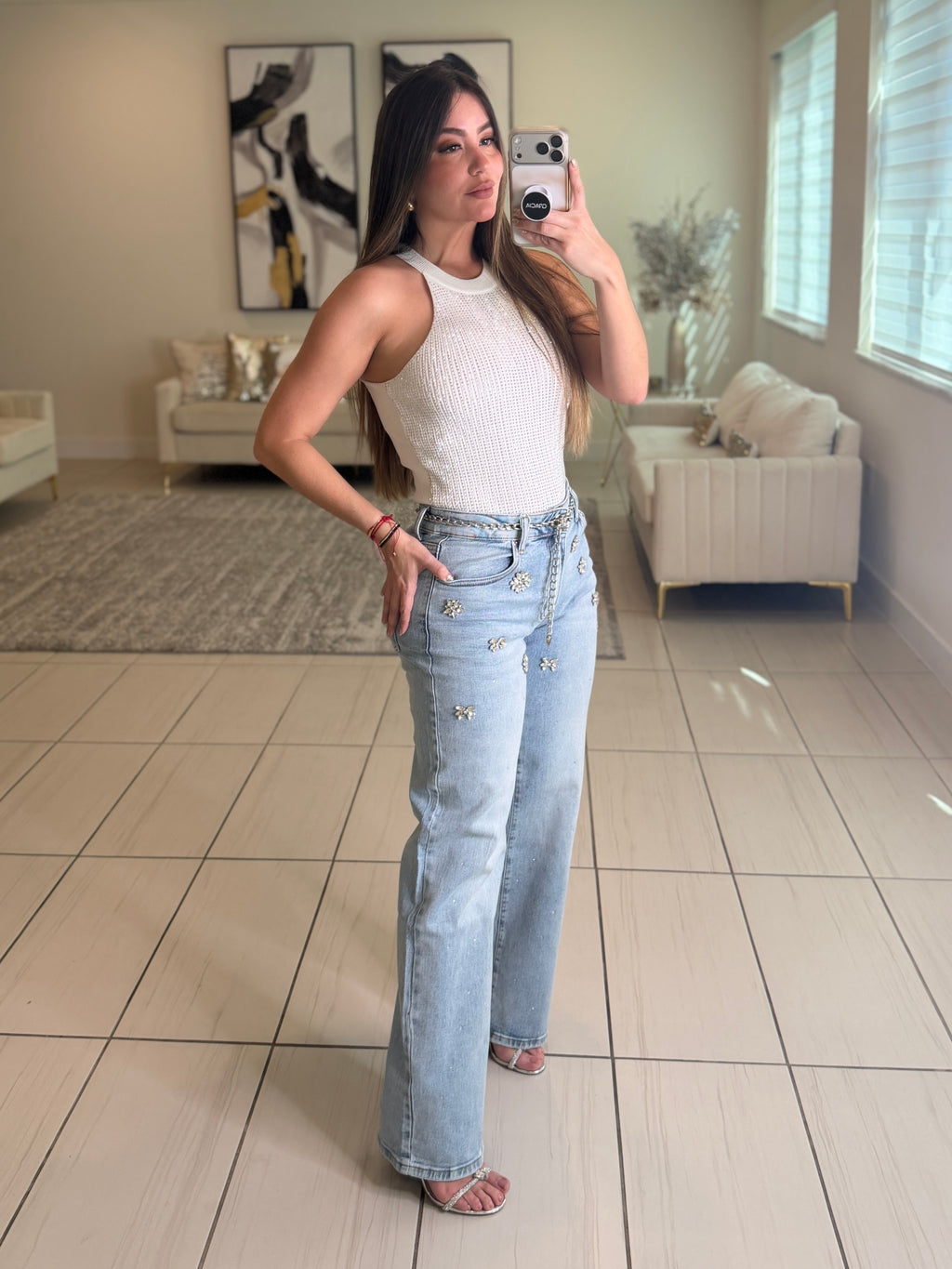 Rhinestones Flowers Denim Pants
