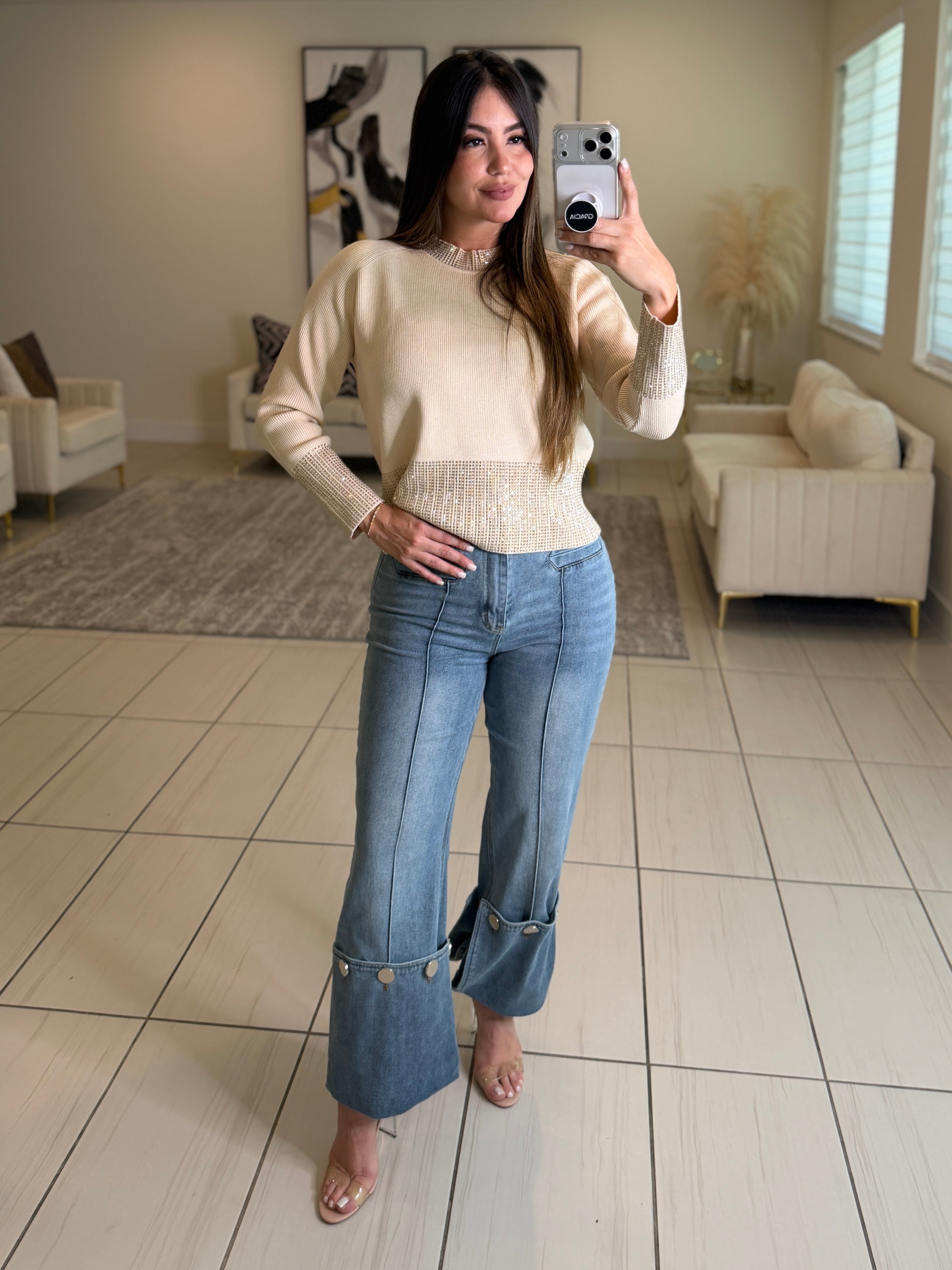 Stunning Silver Buttons Denim Pants