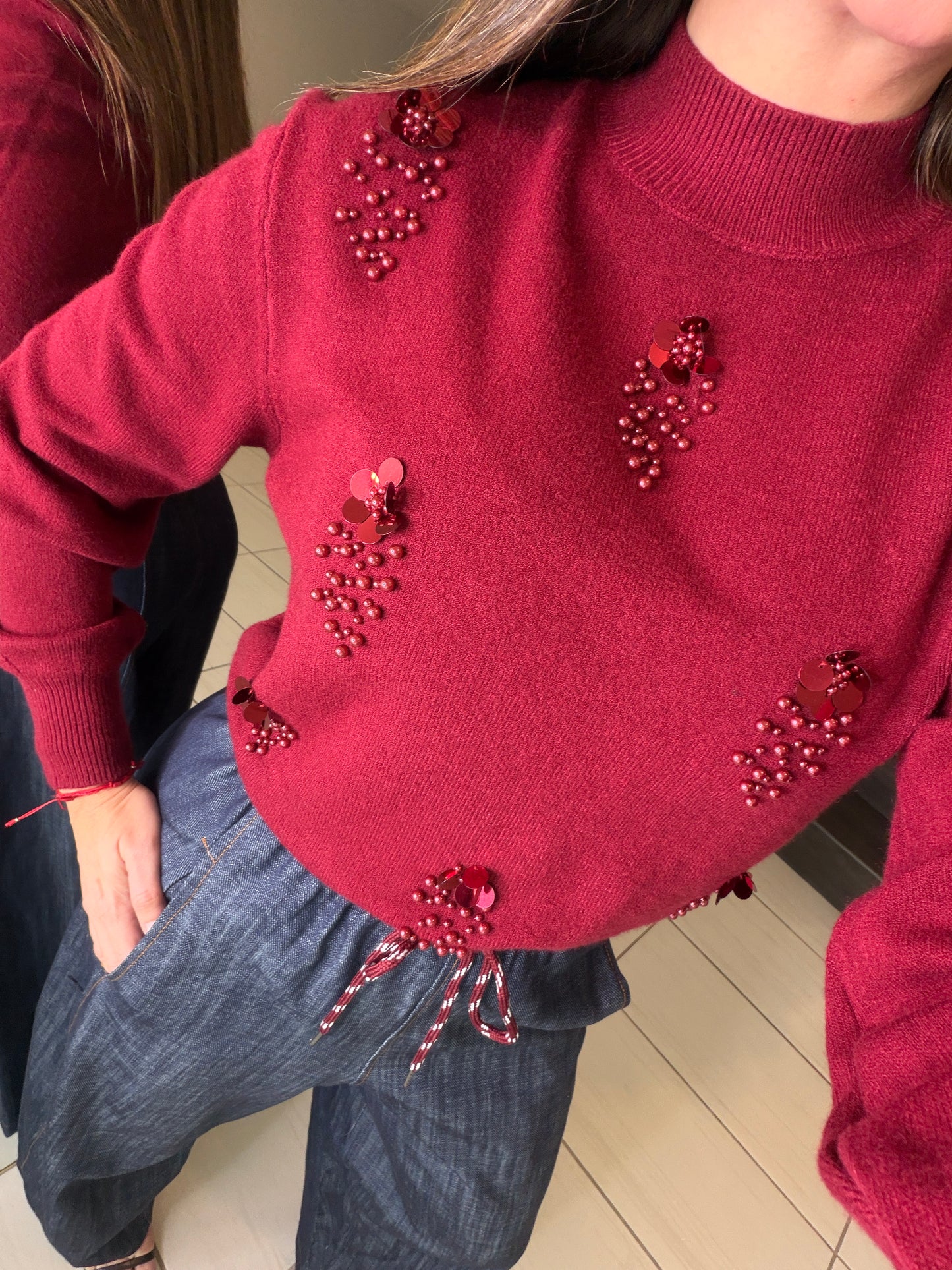 Pearls Red Wine Knit Sweater