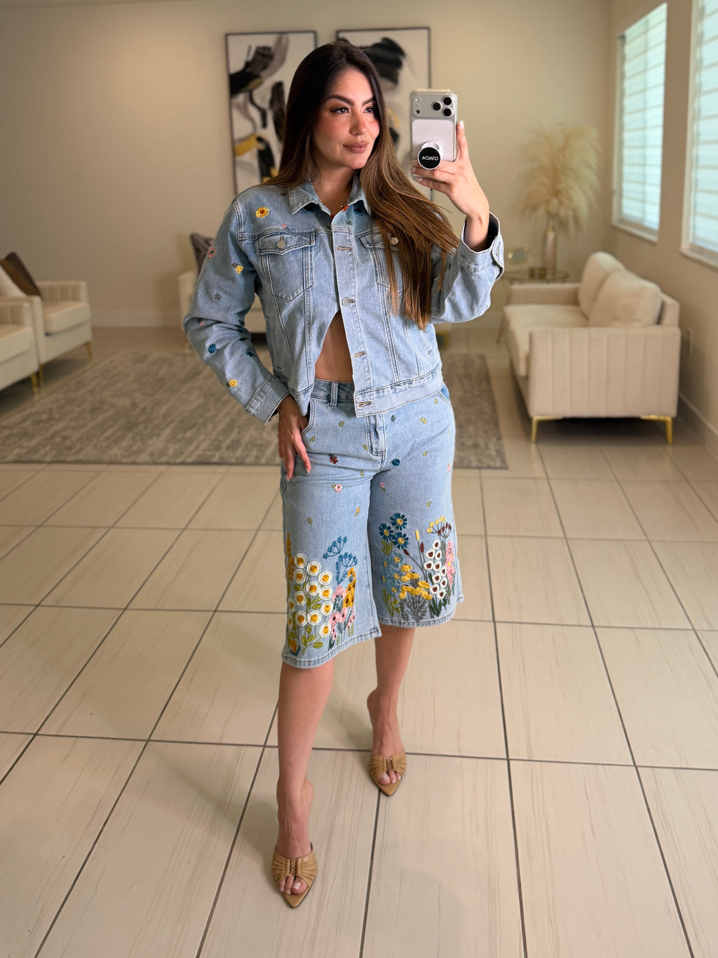 Bloom Embroidered Denim Shorts Set