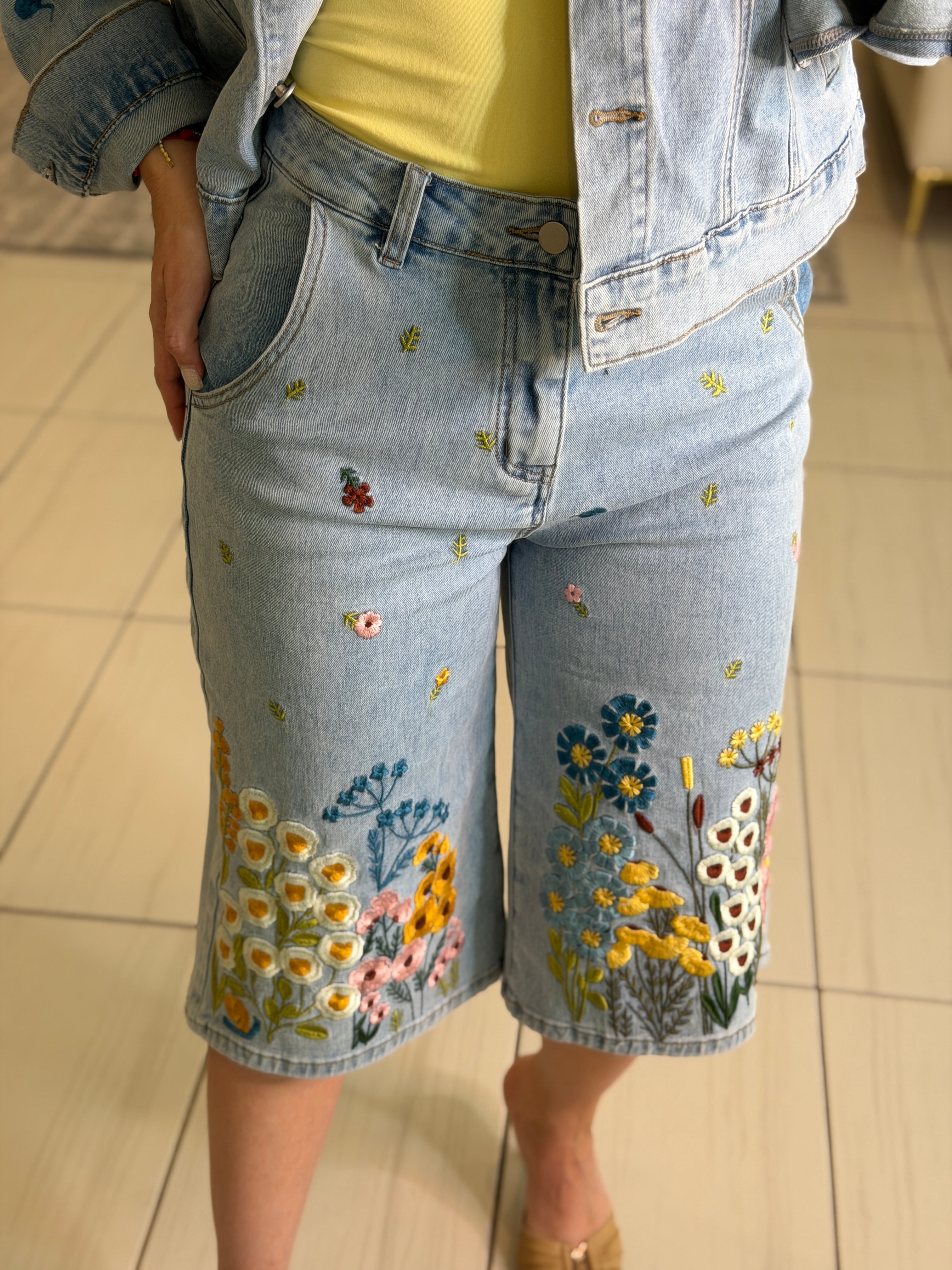 Bloom Embroidered Denim Shorts Set