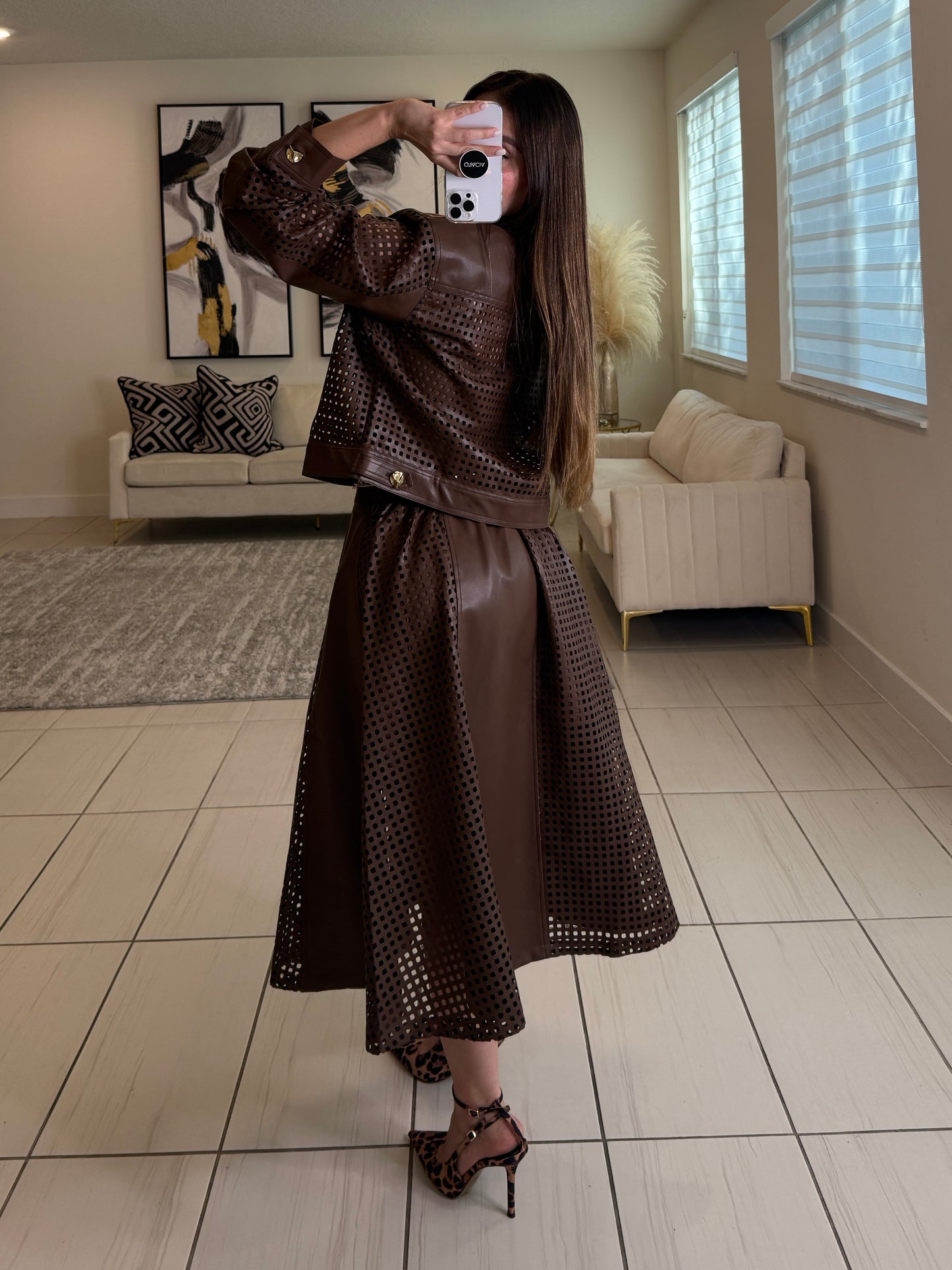 Luxe Regiment Faux  Brown Skirt Set