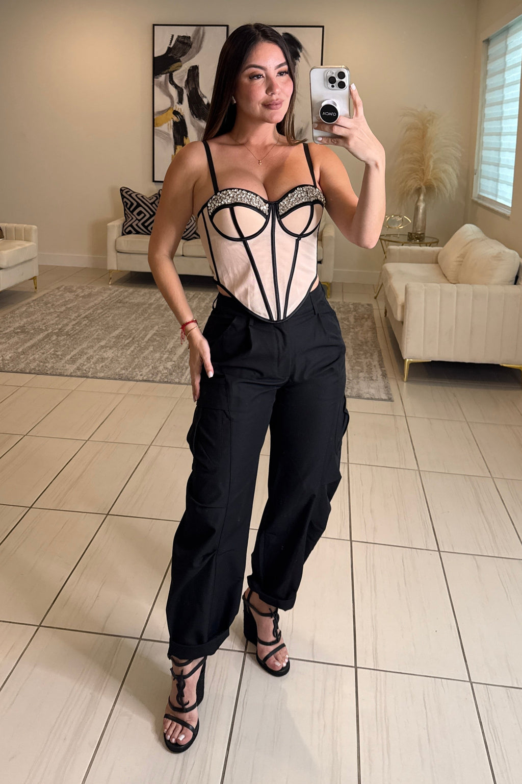Luxe Rhinestone Beige and Black Corset Top