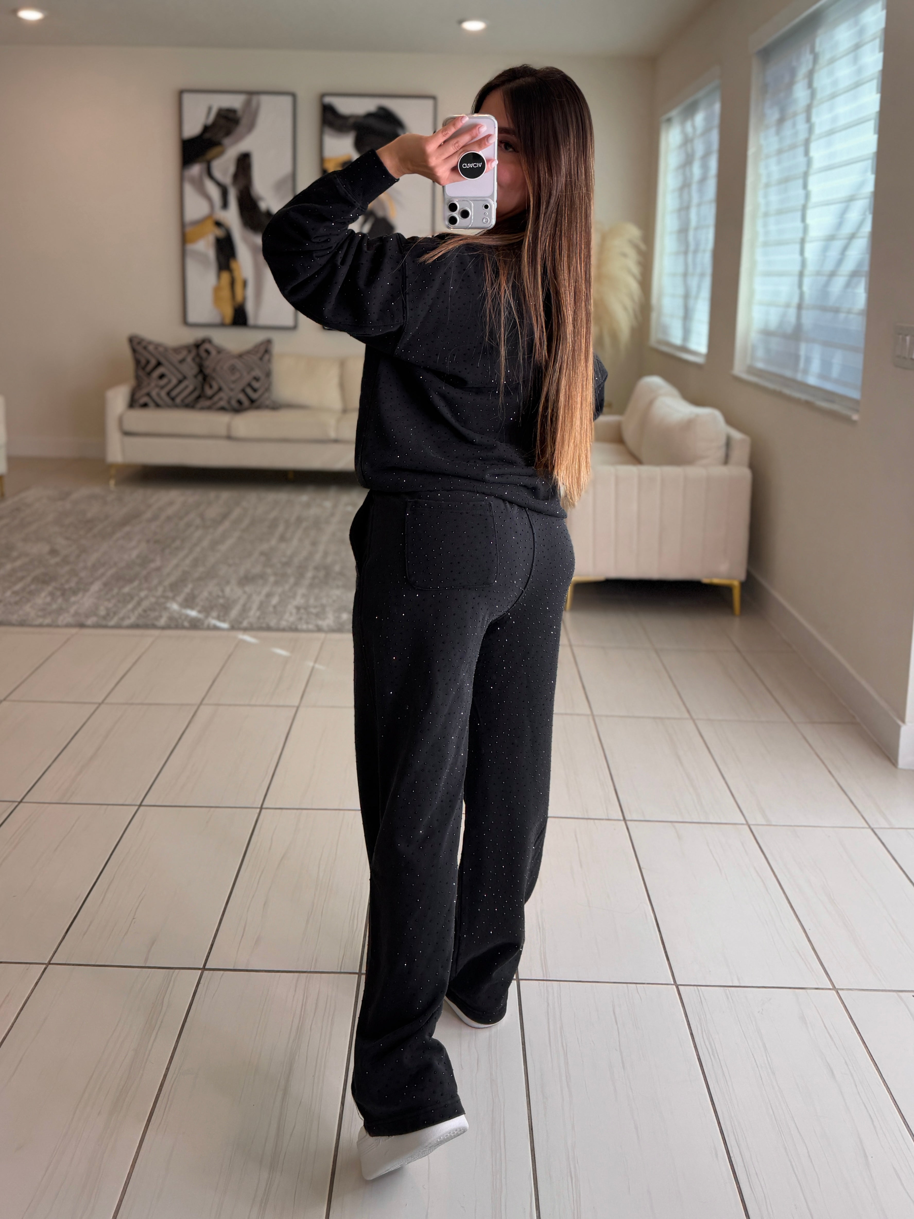 Soft Threat Rhinestone Black Pant Set