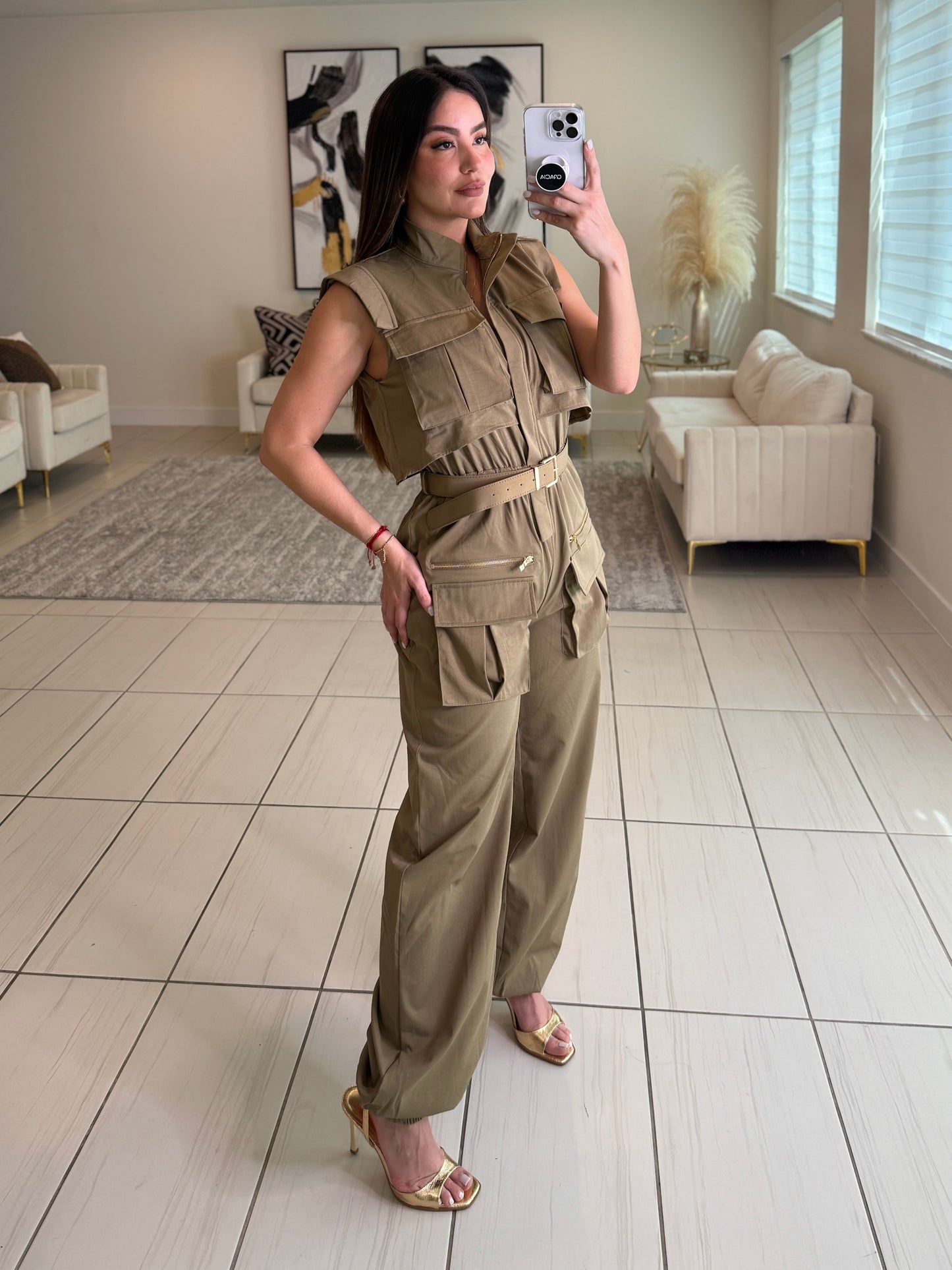 Forgive The Night Ruched Taupe Jumpsuit
