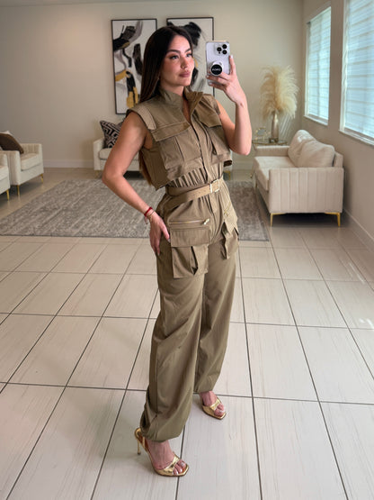 Forgive The Night Ruched Taupe Jumpsuit
