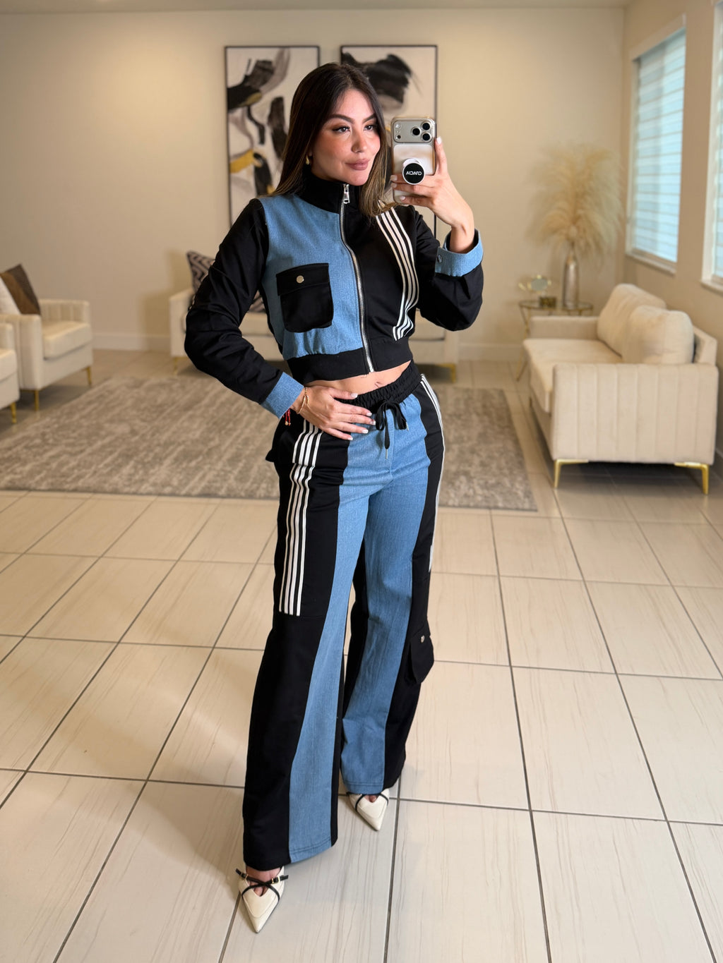 Divine Black and Denim Contrast Pant Set