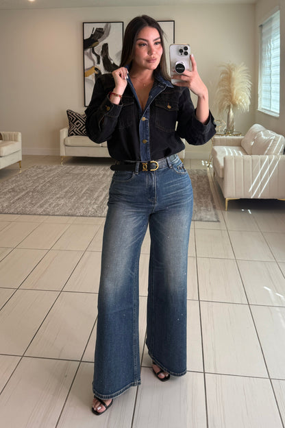 Iconic Contrast Black and Blue Denim Jacket