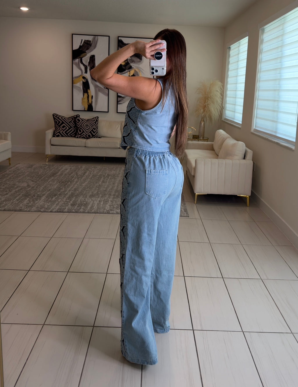 Perfect Sequin Details Denim Pant Set