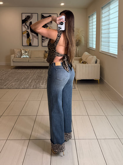 Power Contrast Denim and Leopard Pants
