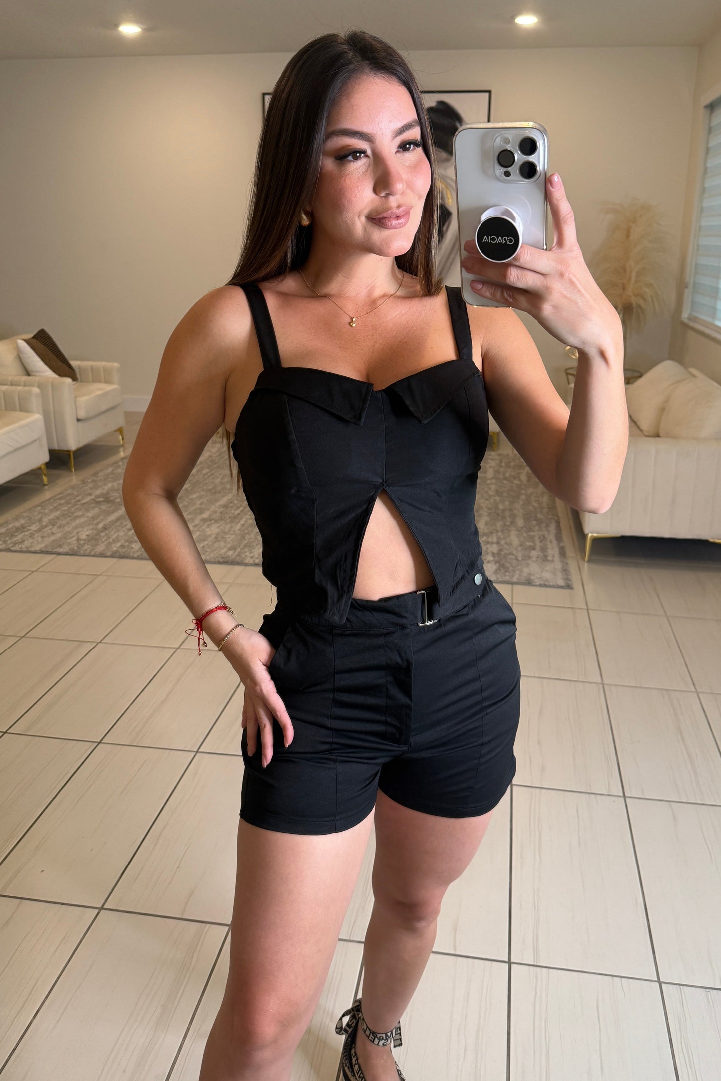 Power Poise Belted Black Short Set