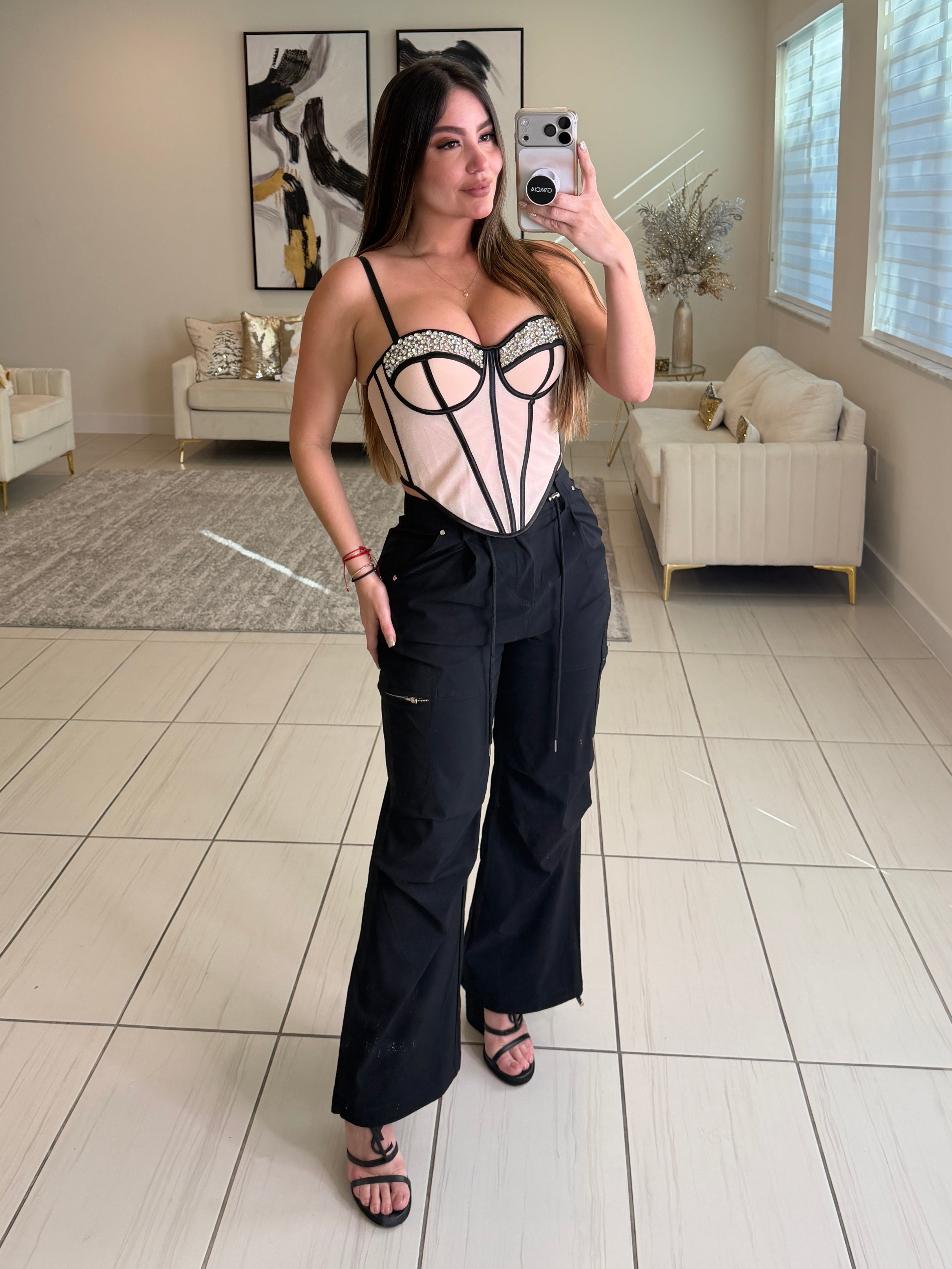 Luxe Rhinestone Beige and Black Corset Top