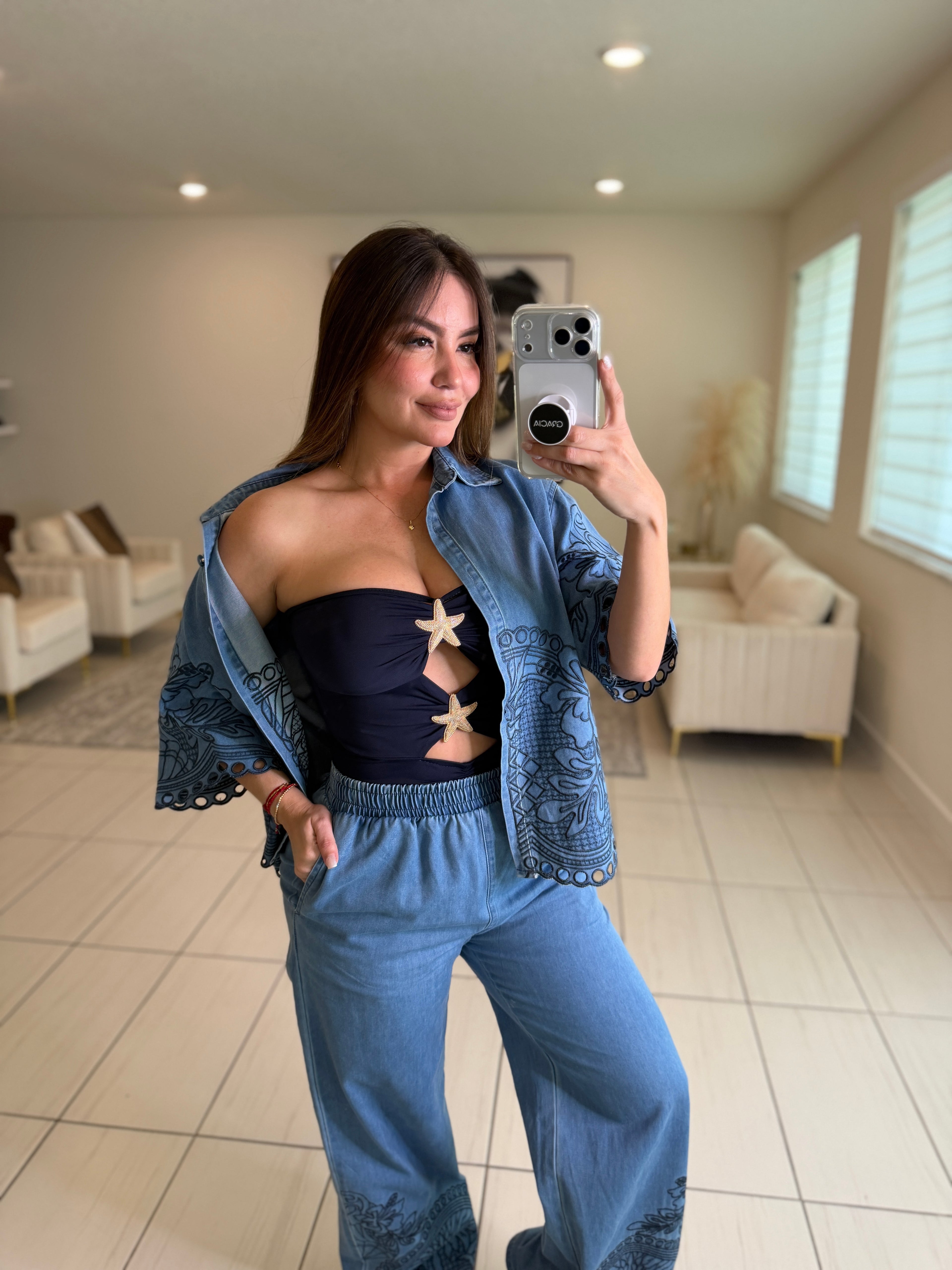 Paradise Embroidered Denim Pant Set