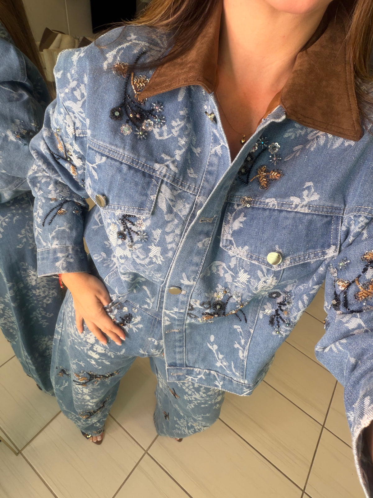 Sequin Blossom Denim Barrel Pant Set