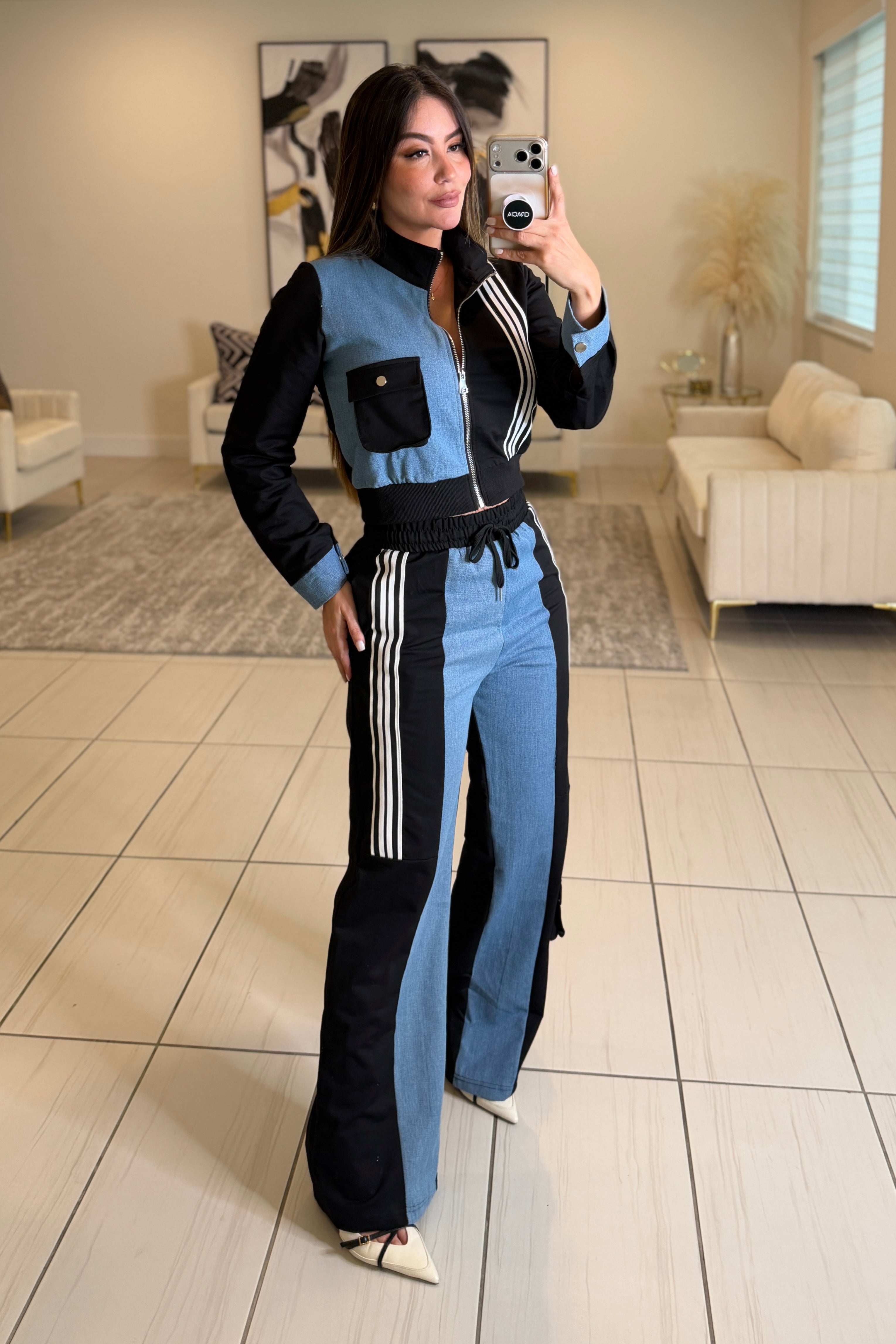 Divine Black and Denim Contrast Pant Set