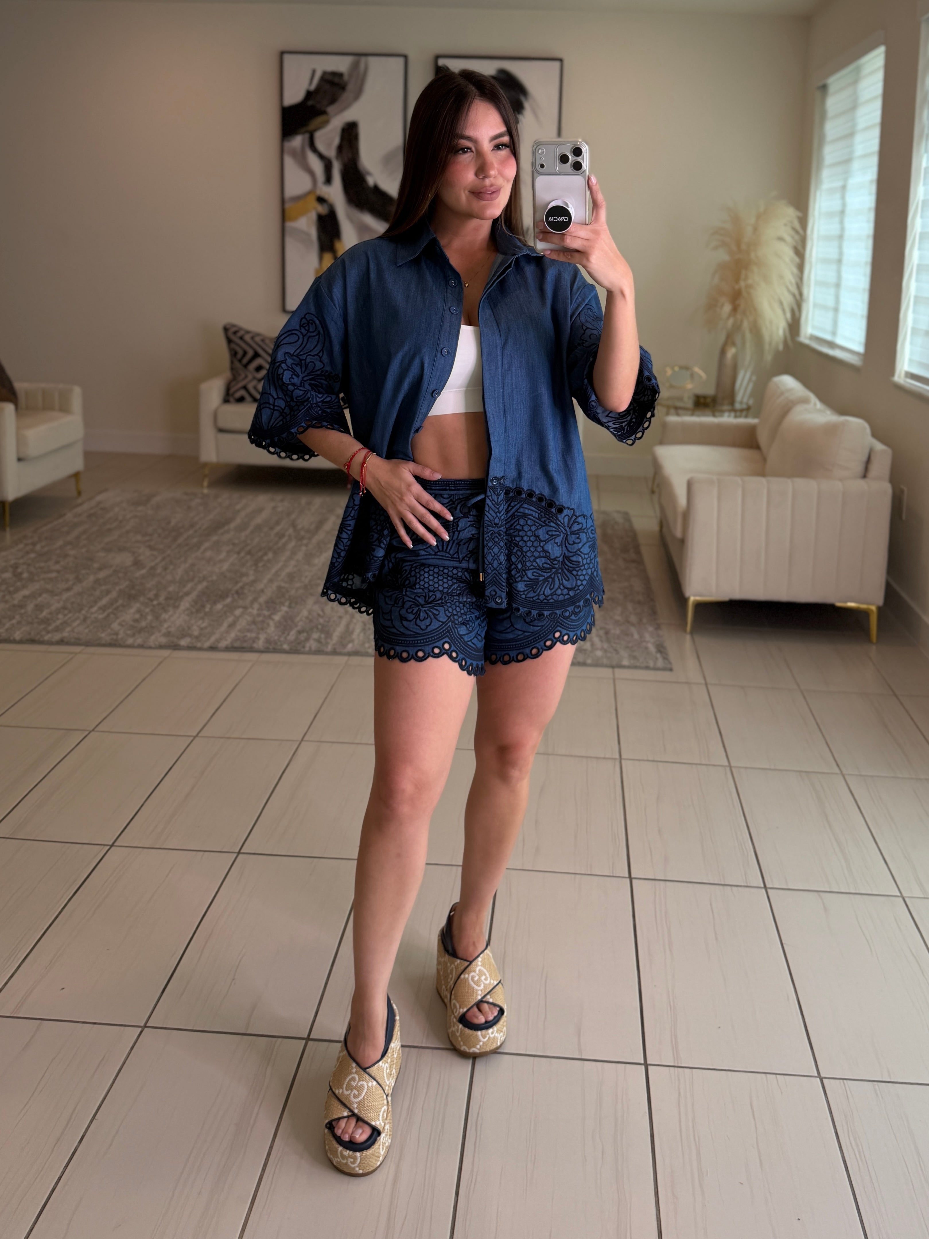 Paradise Embroidered Denim Short Set