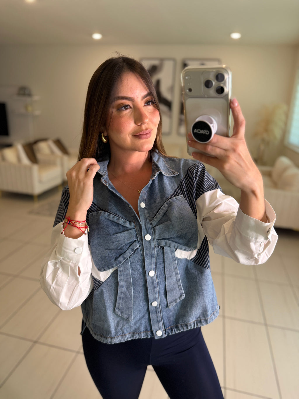 Bow Contrast White and Denim Shirt
