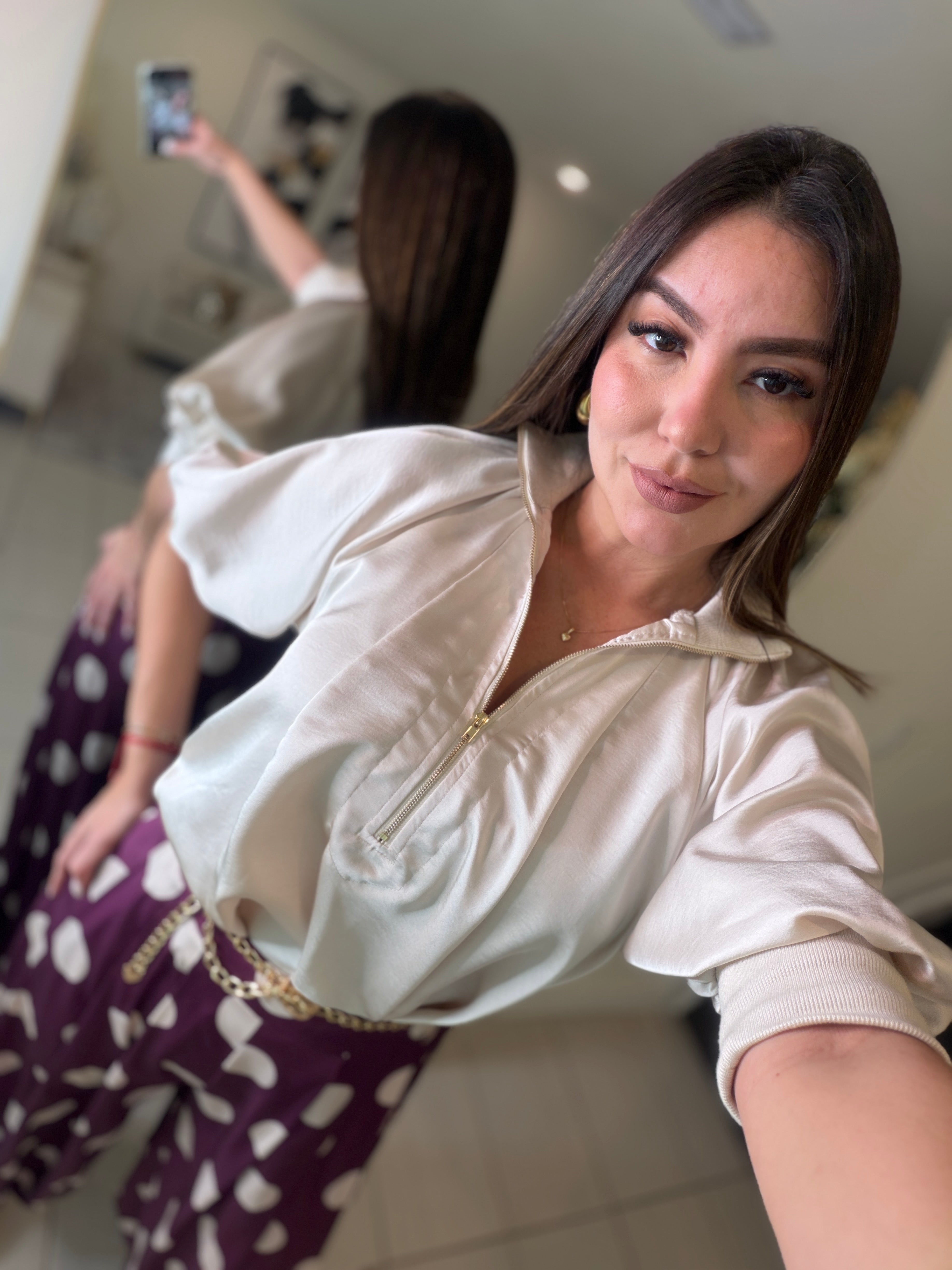 Mock Nek Band Puff Beige Top