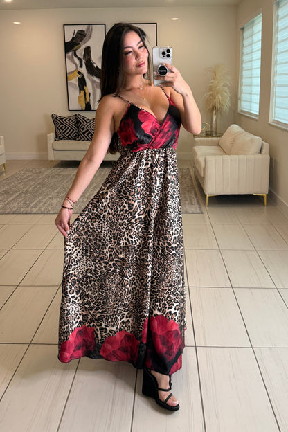 Leopard with Flowers Maxi Dress