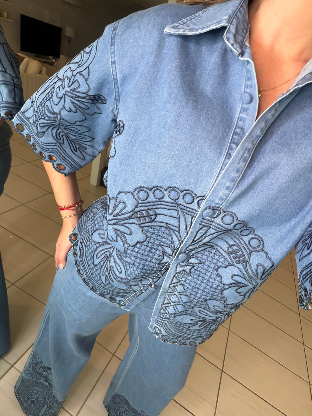 Paradise Embroidered Denim Pant Set