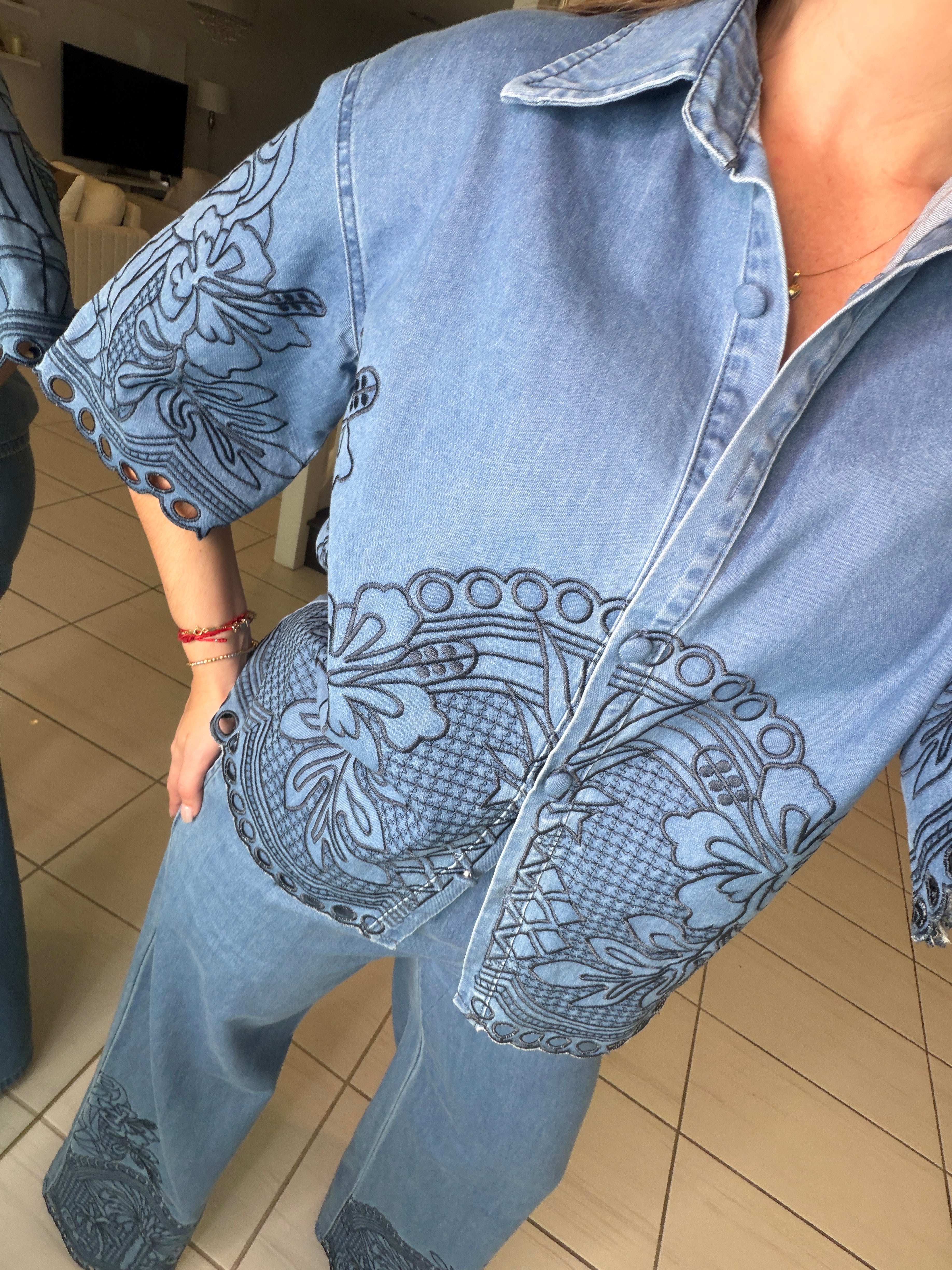 Paradise Embroidered Denim Pant Set