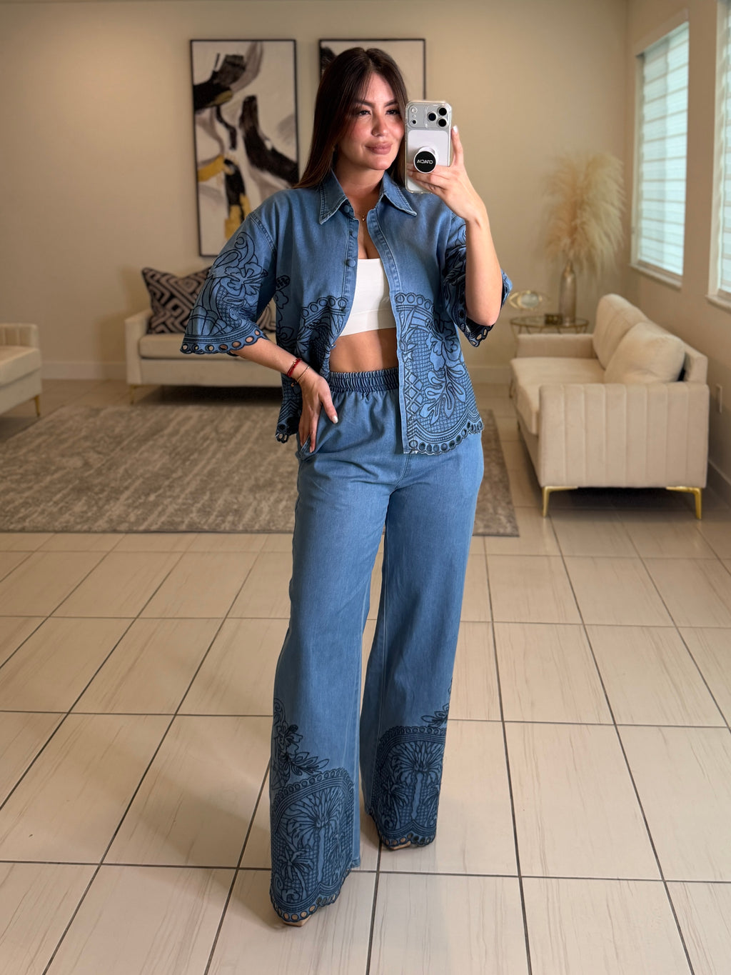 Paradise Embroidered Denim Pant Set