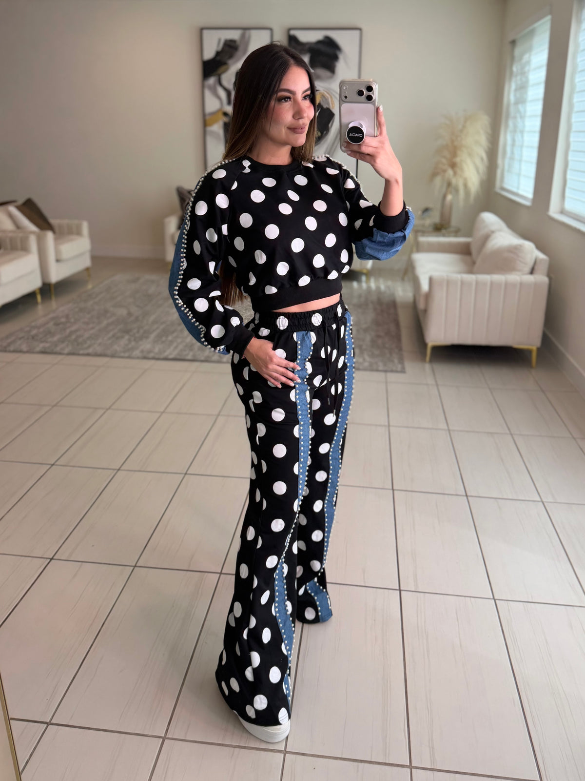 Polka Contrast Statement Black Pant Set