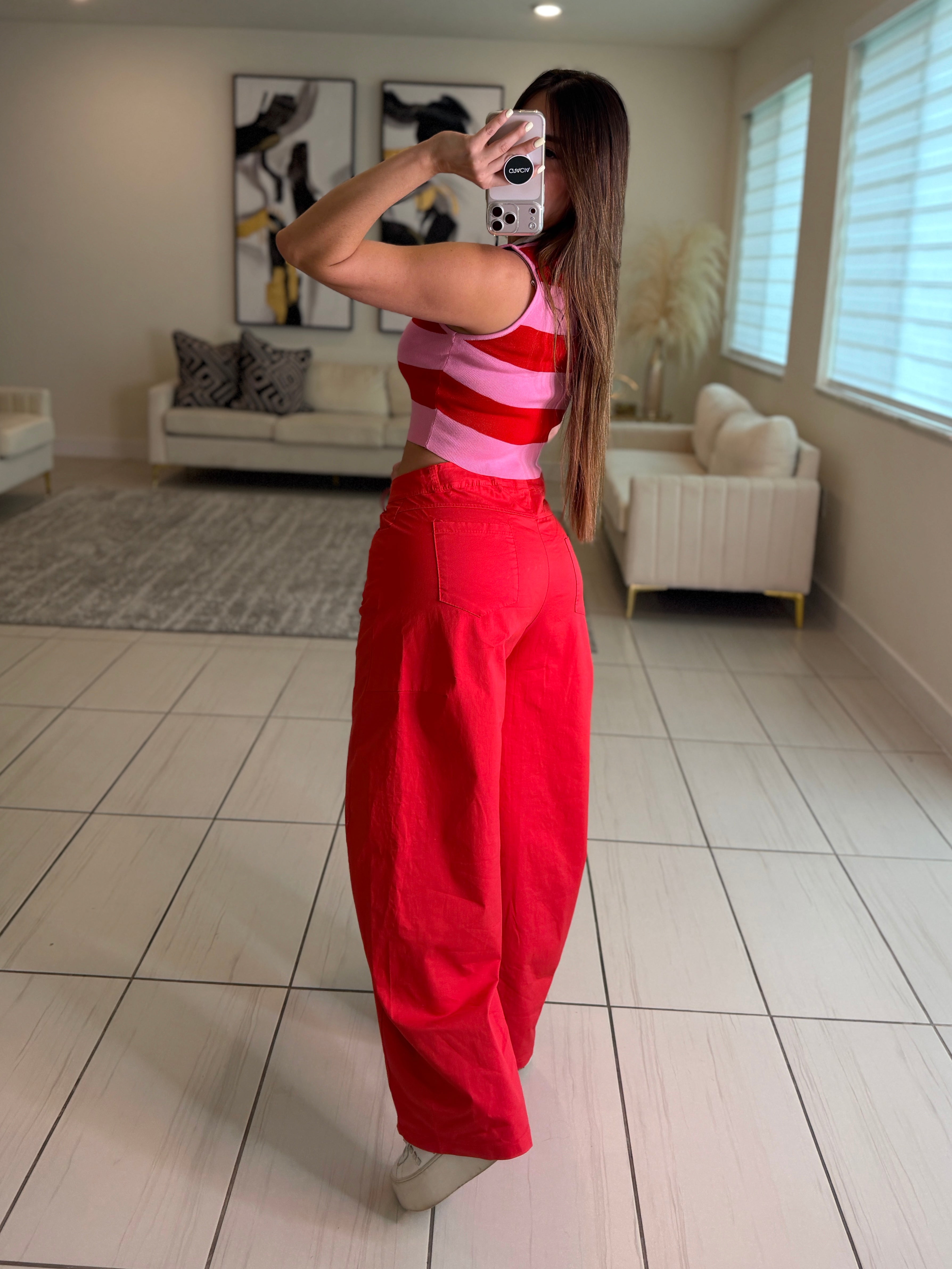 Supremo Horizontal Stripes Red and Pink Top
