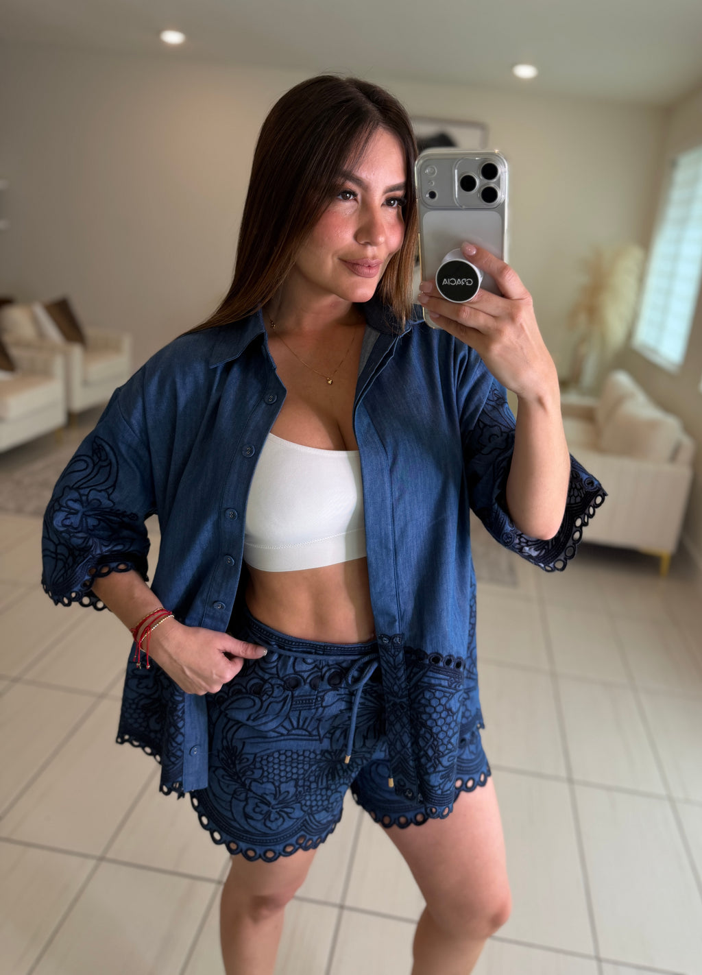 Paradise Embroidered Denim Short Set