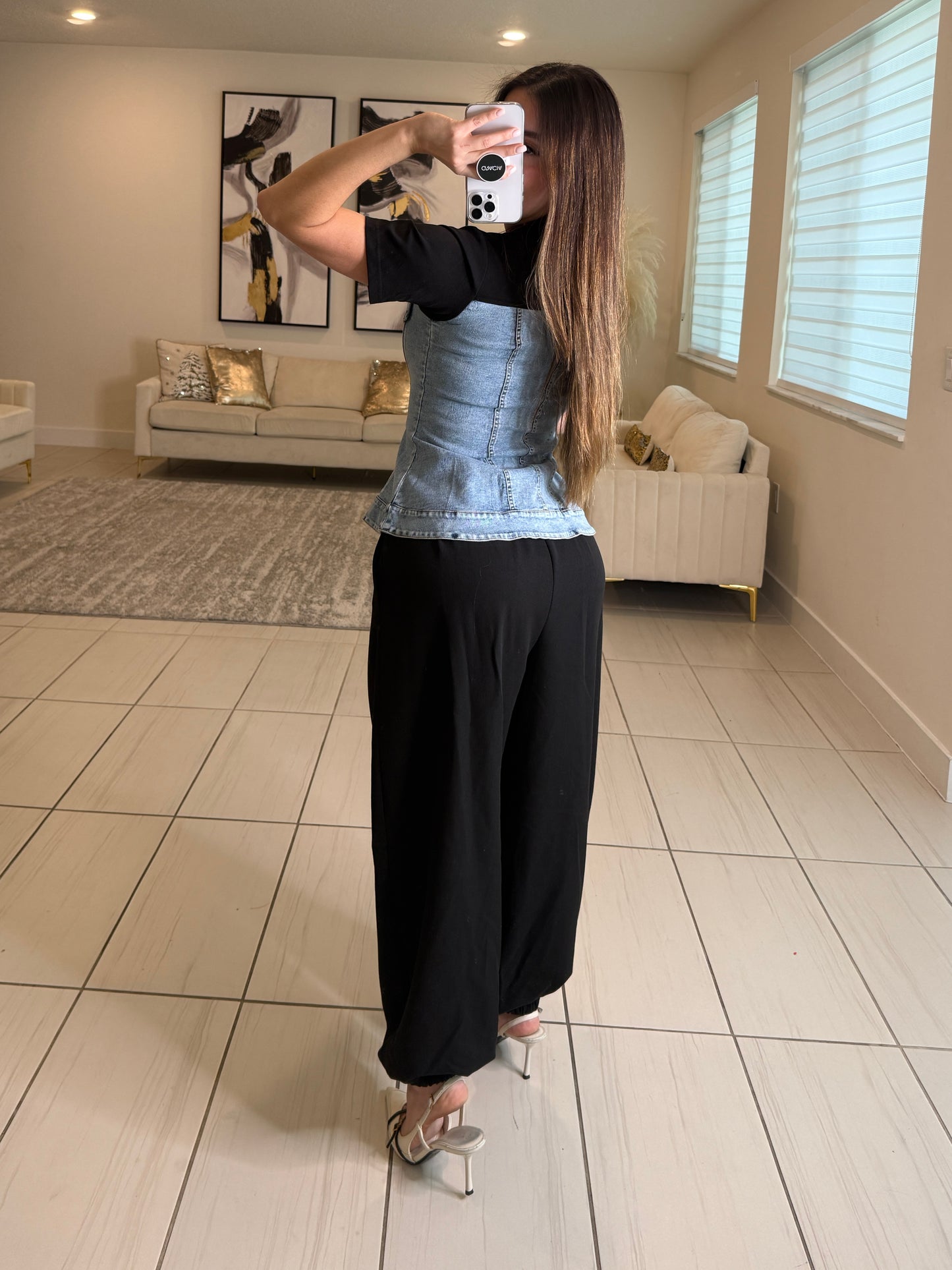 Draped Contrast Black and Denim Top