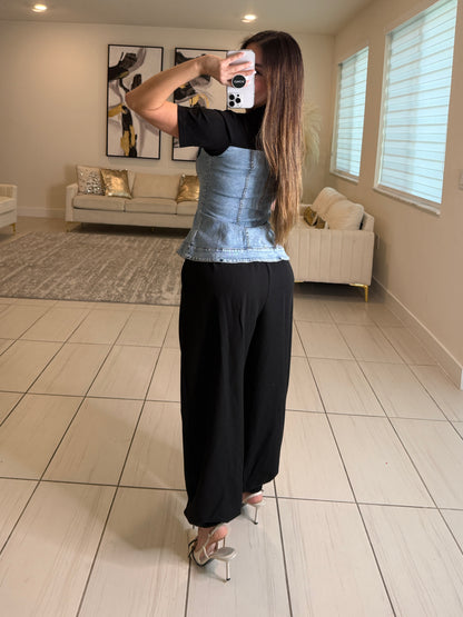 Draped Contrast Black and Denim Top