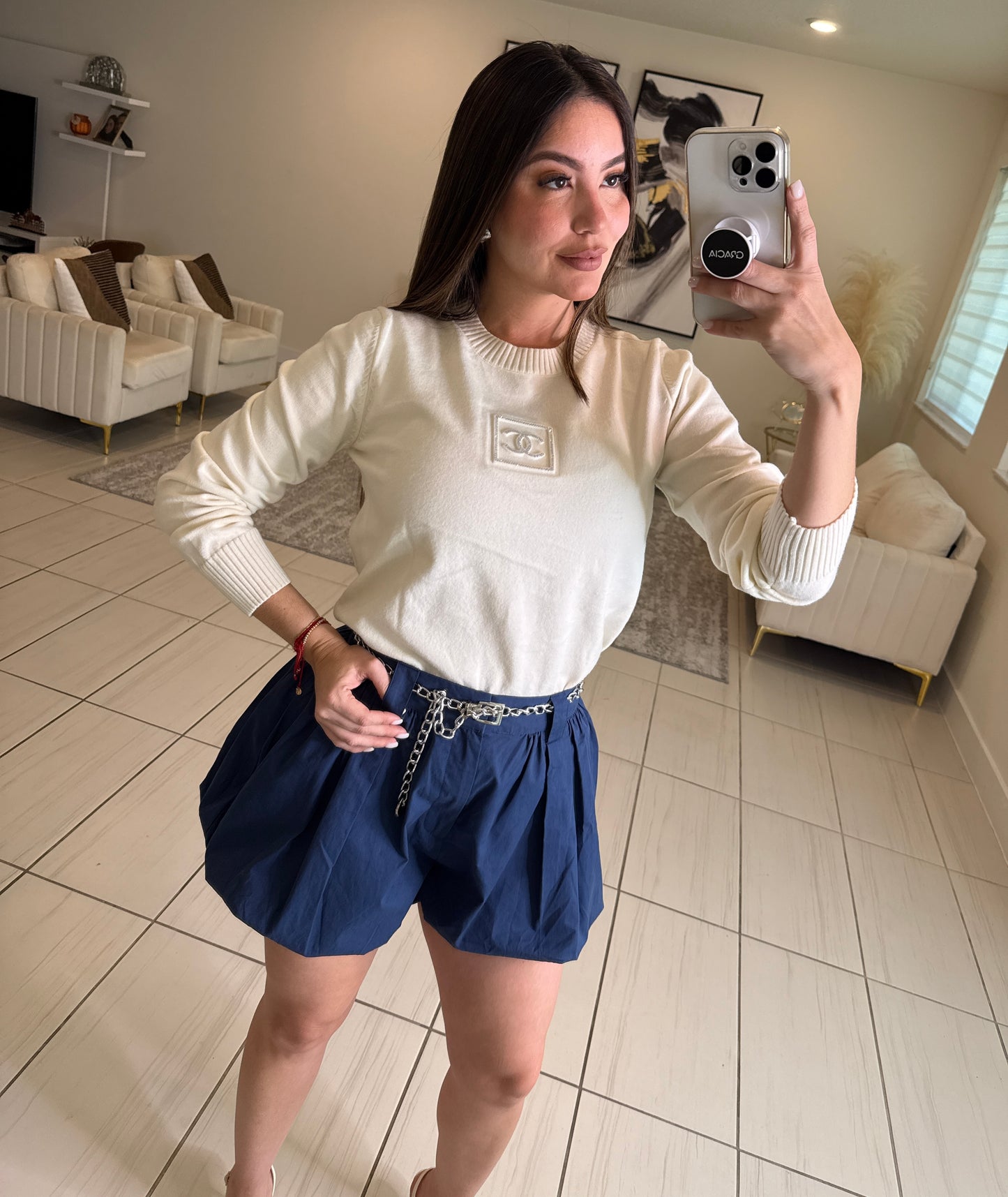 Iconic Rhinestones Knit Off White Sweater