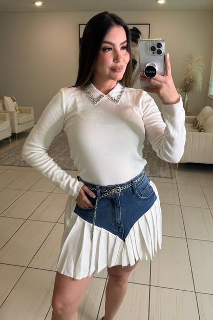 League Charm White Sweater Top