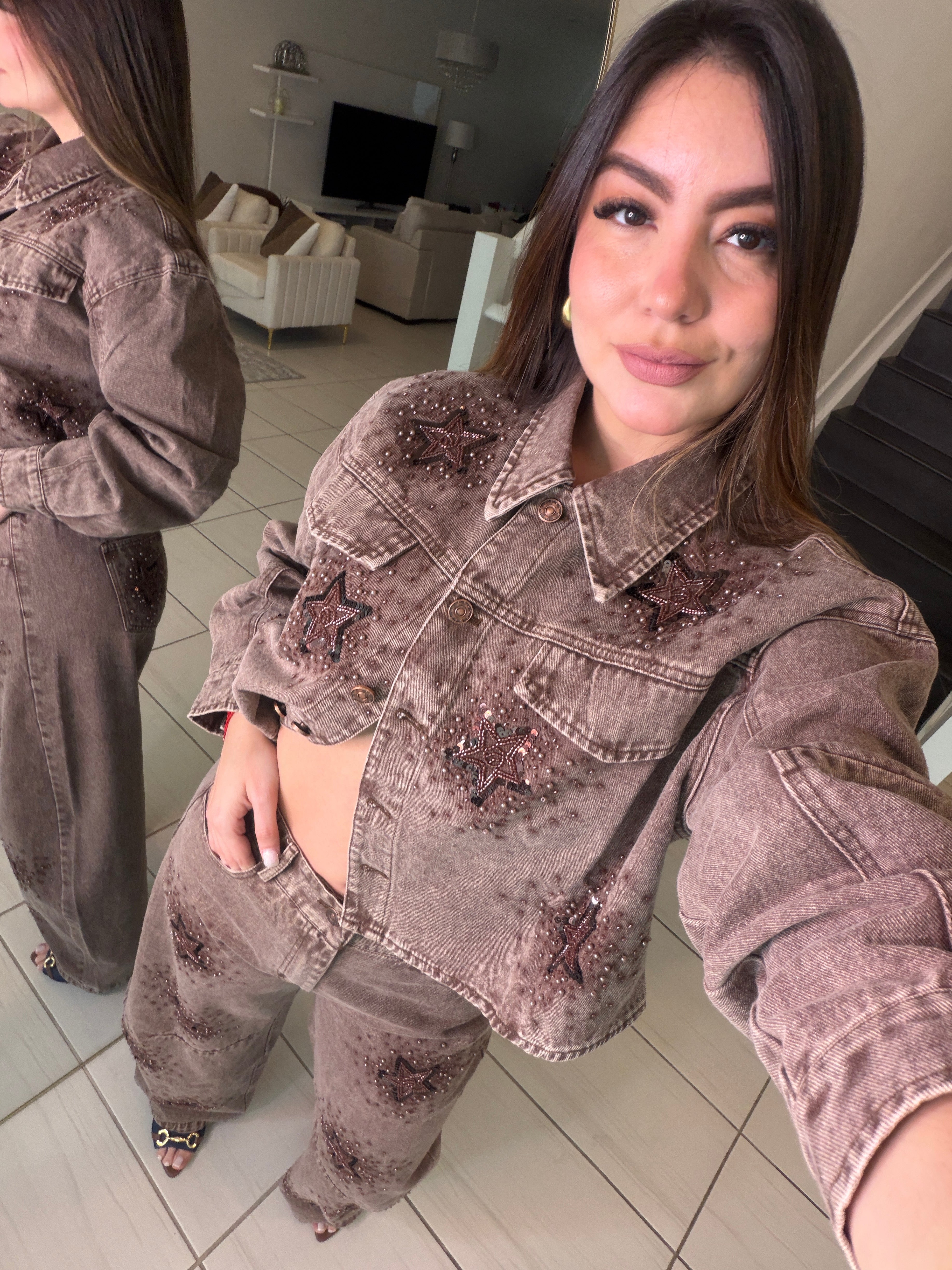 Stars Allure Brown Denim Pant Set