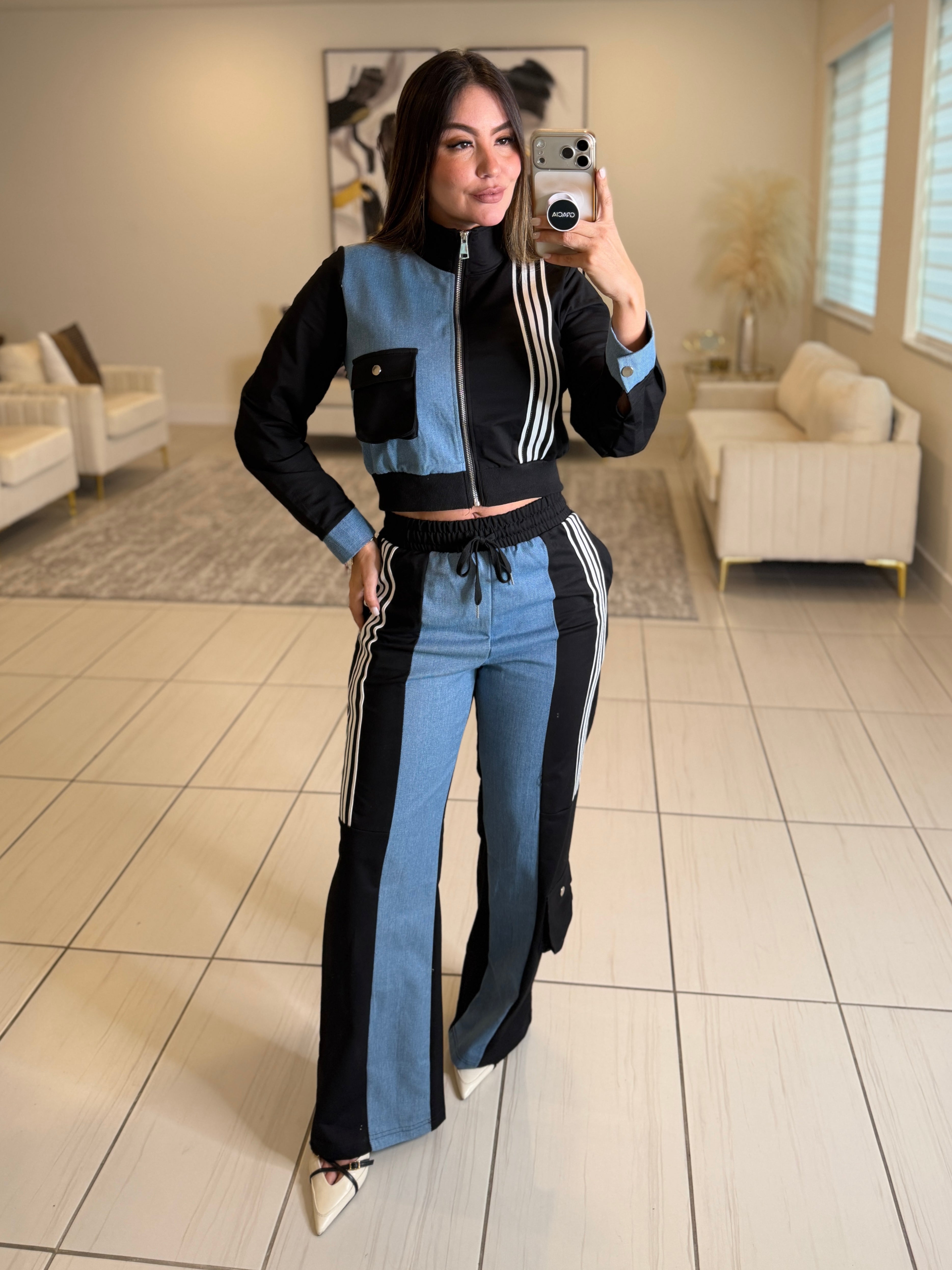 Divine Black and Denim Contrast Pant Set