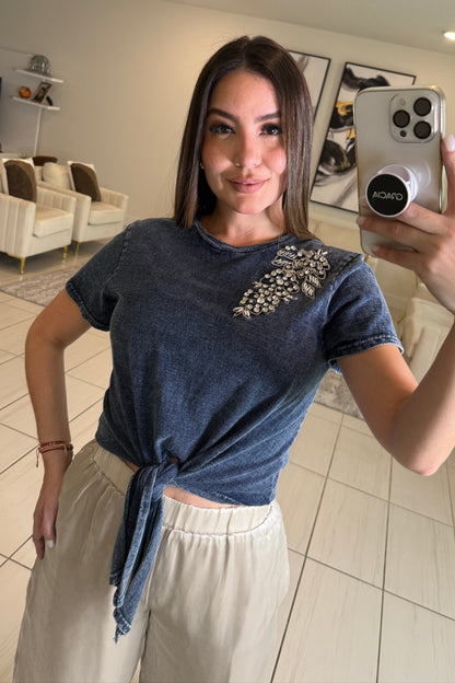 Silver Flowers Blue Top