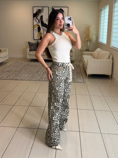 Structured Leopard Denim Pants