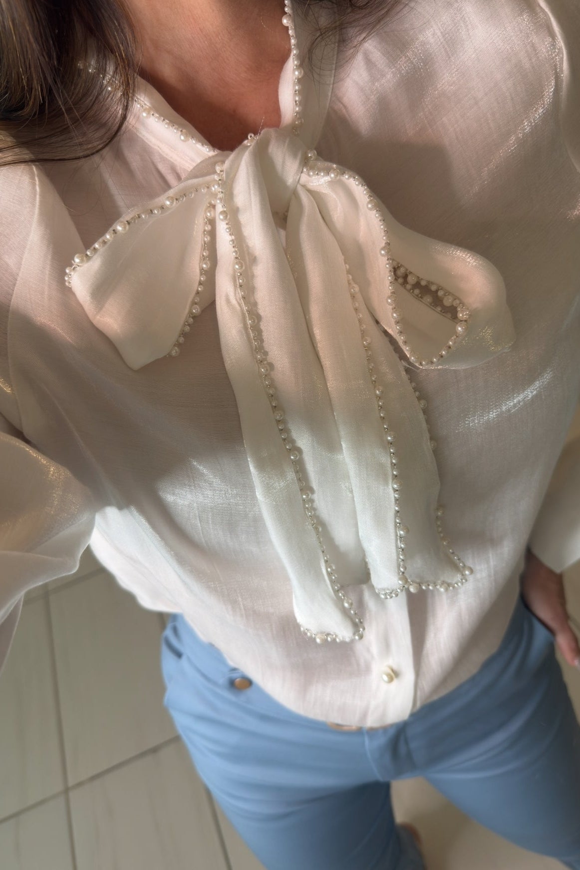 Pearl Embroidery Off White Top