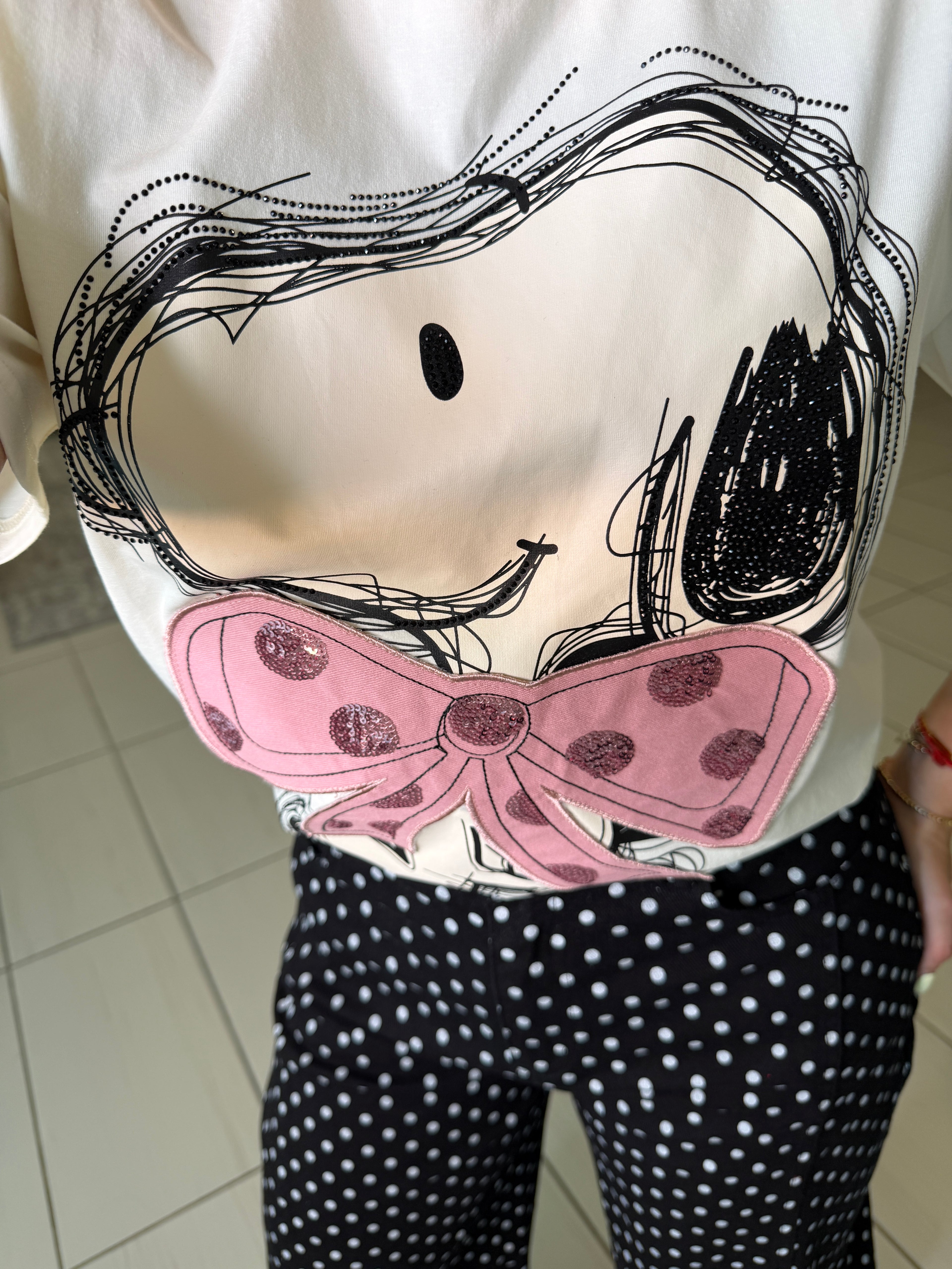 Pink Dots Bow Beige Tshirt