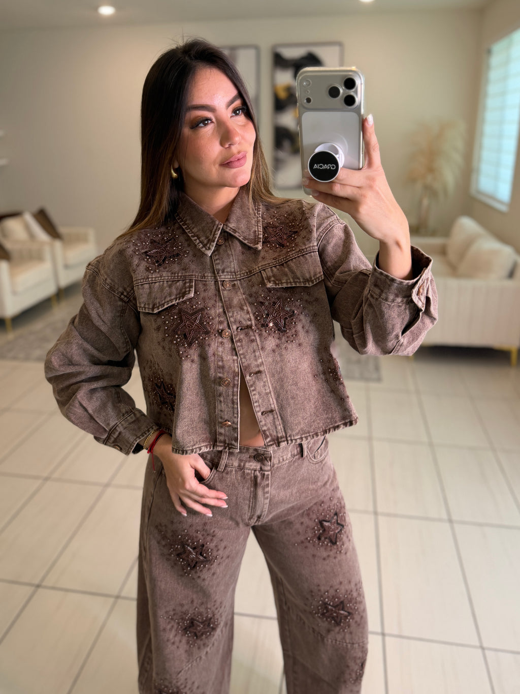 Stars Allure Brown Denim Pant Set