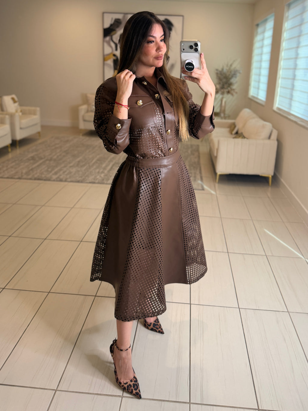 Luxe Faux Leather Brown Skirt Set