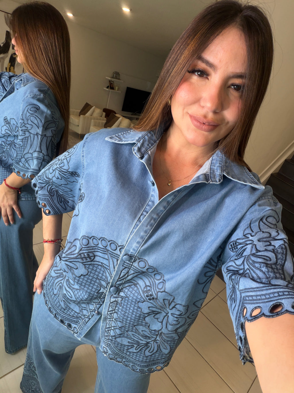 Paradise Embroidered Denim Pant Set