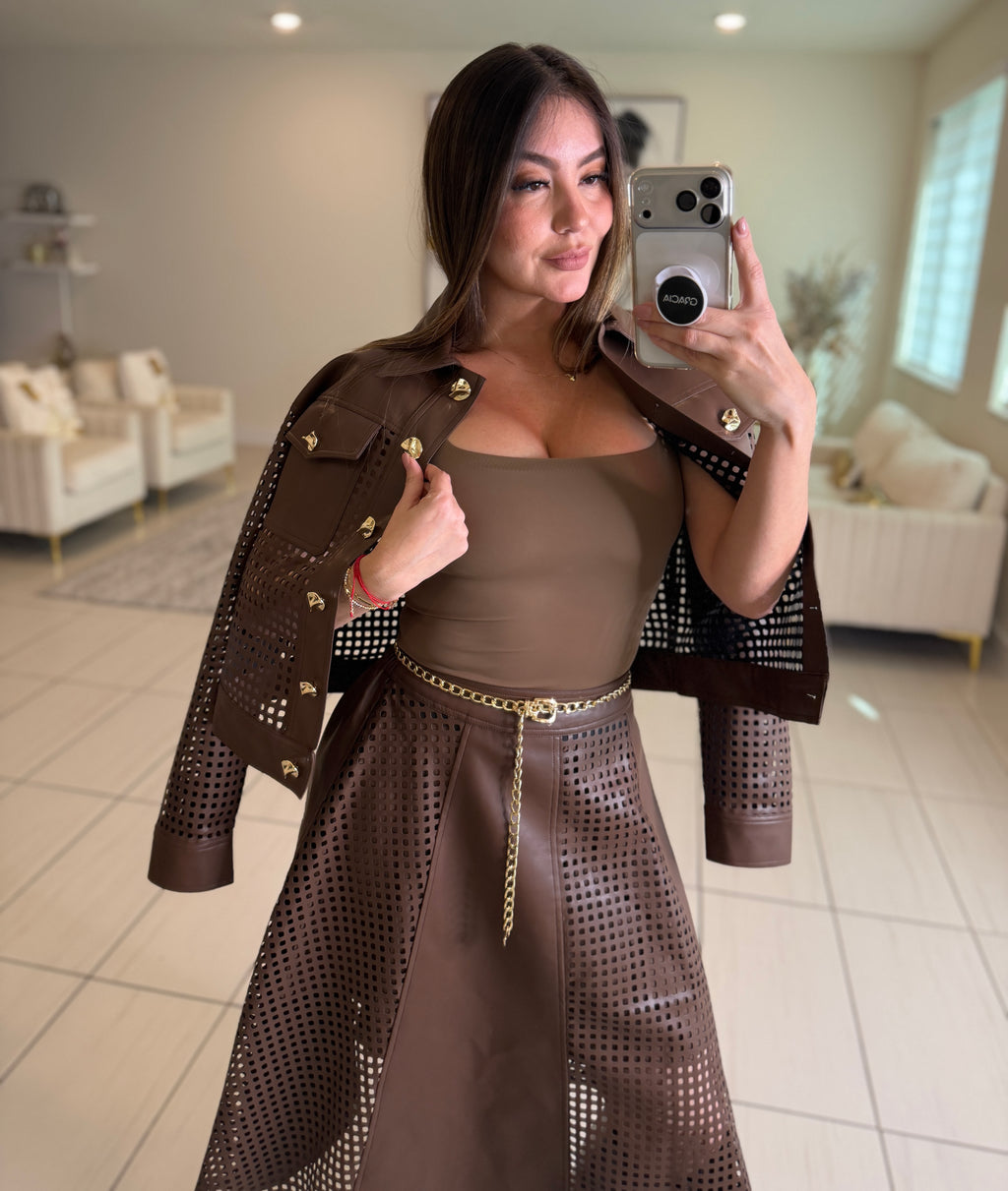 Luxe Faux Leather Brown Skirt Set