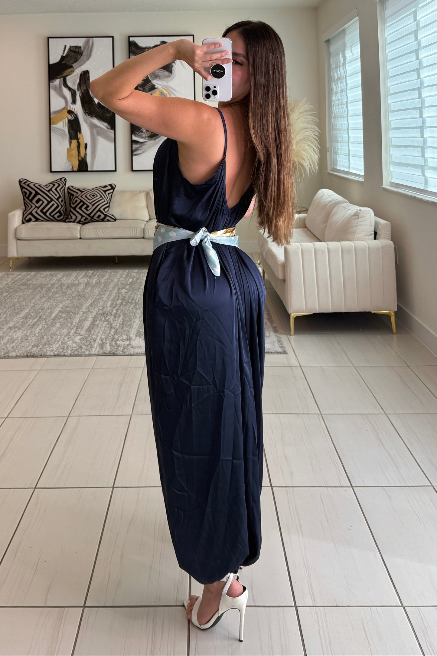 Effortless Essence Ruched Navy Blue Jumpsuit