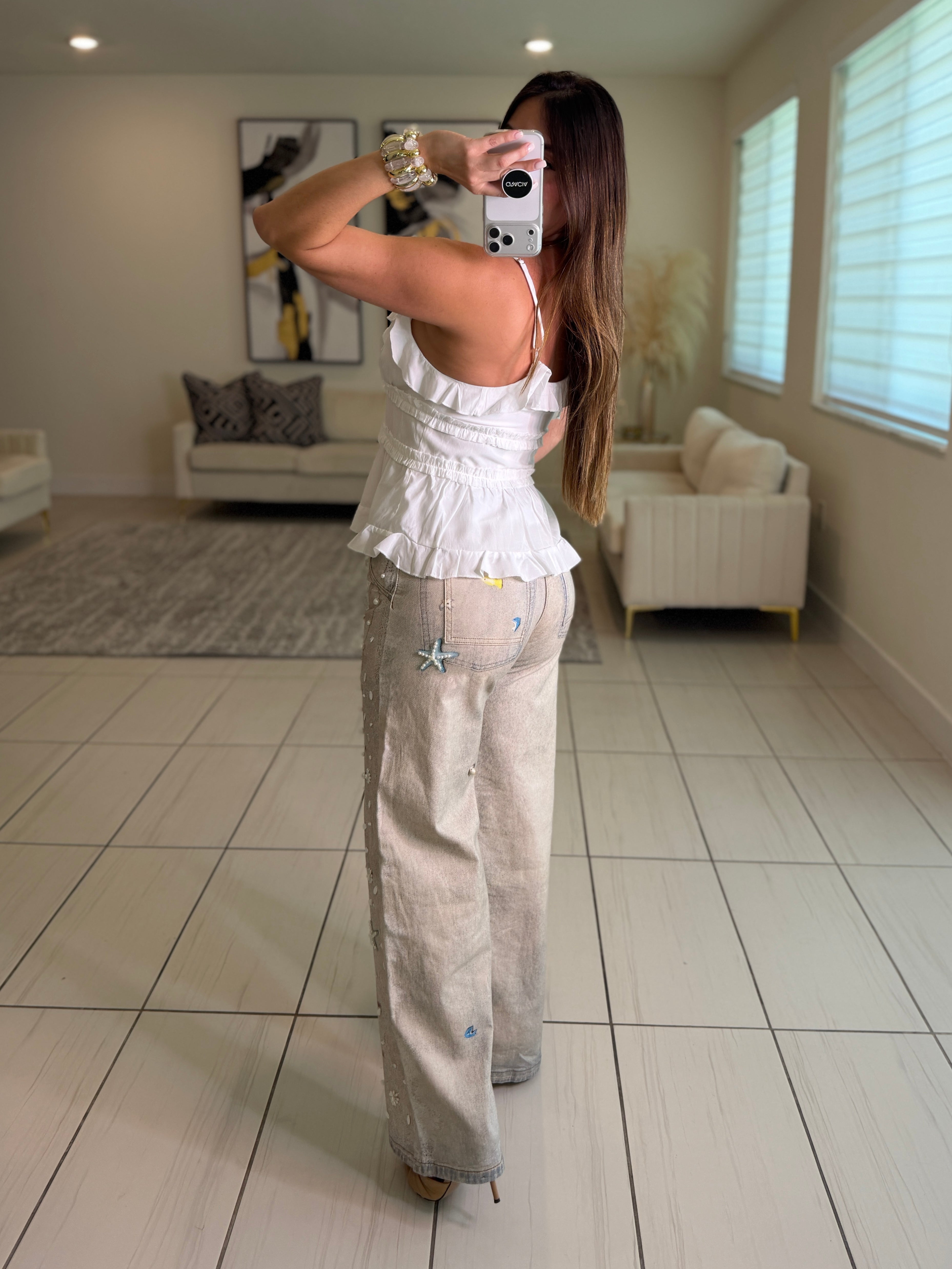 Glam Seashells Beige Denim Pants