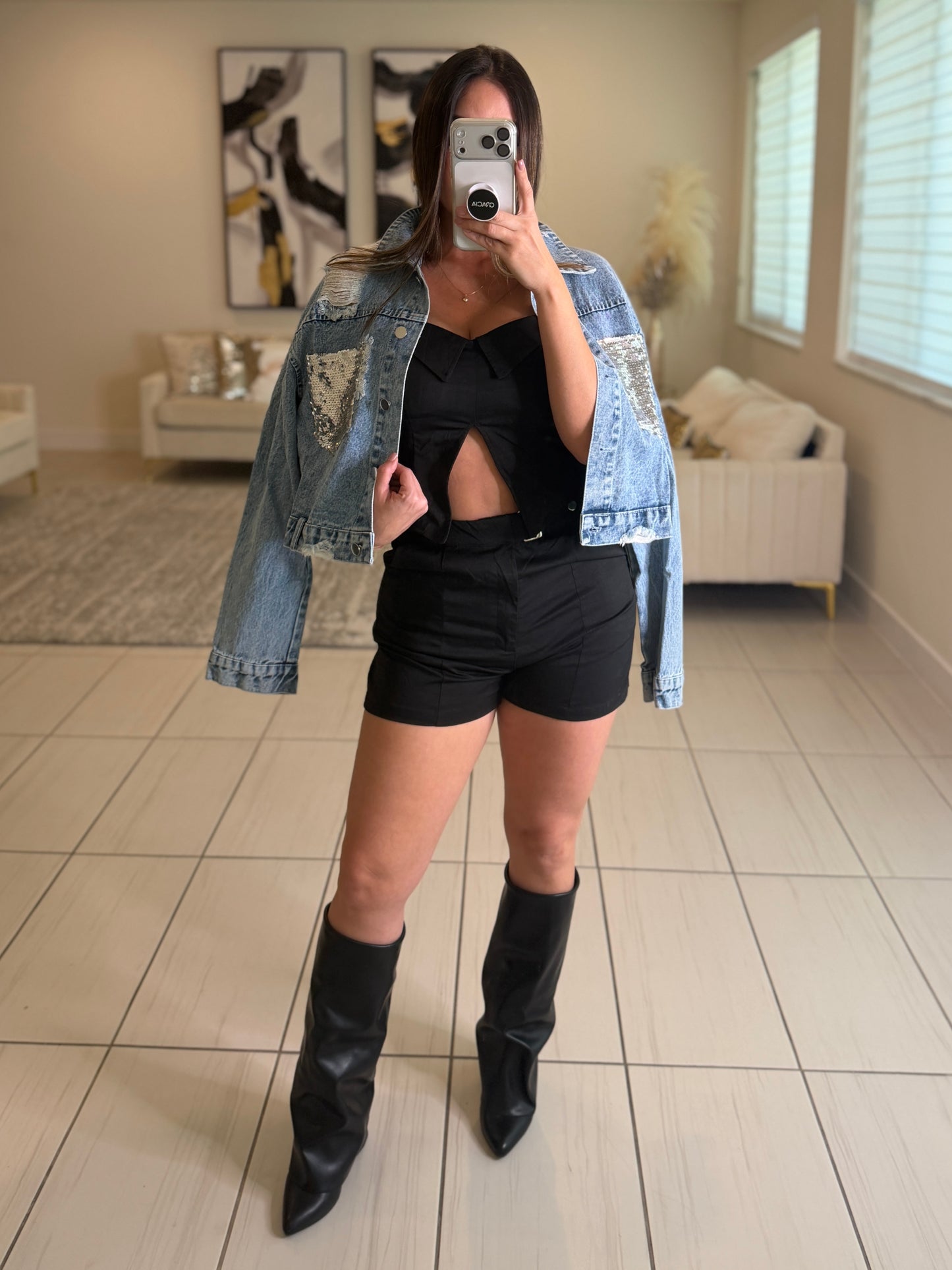 Power Poise Belted Black Short Set