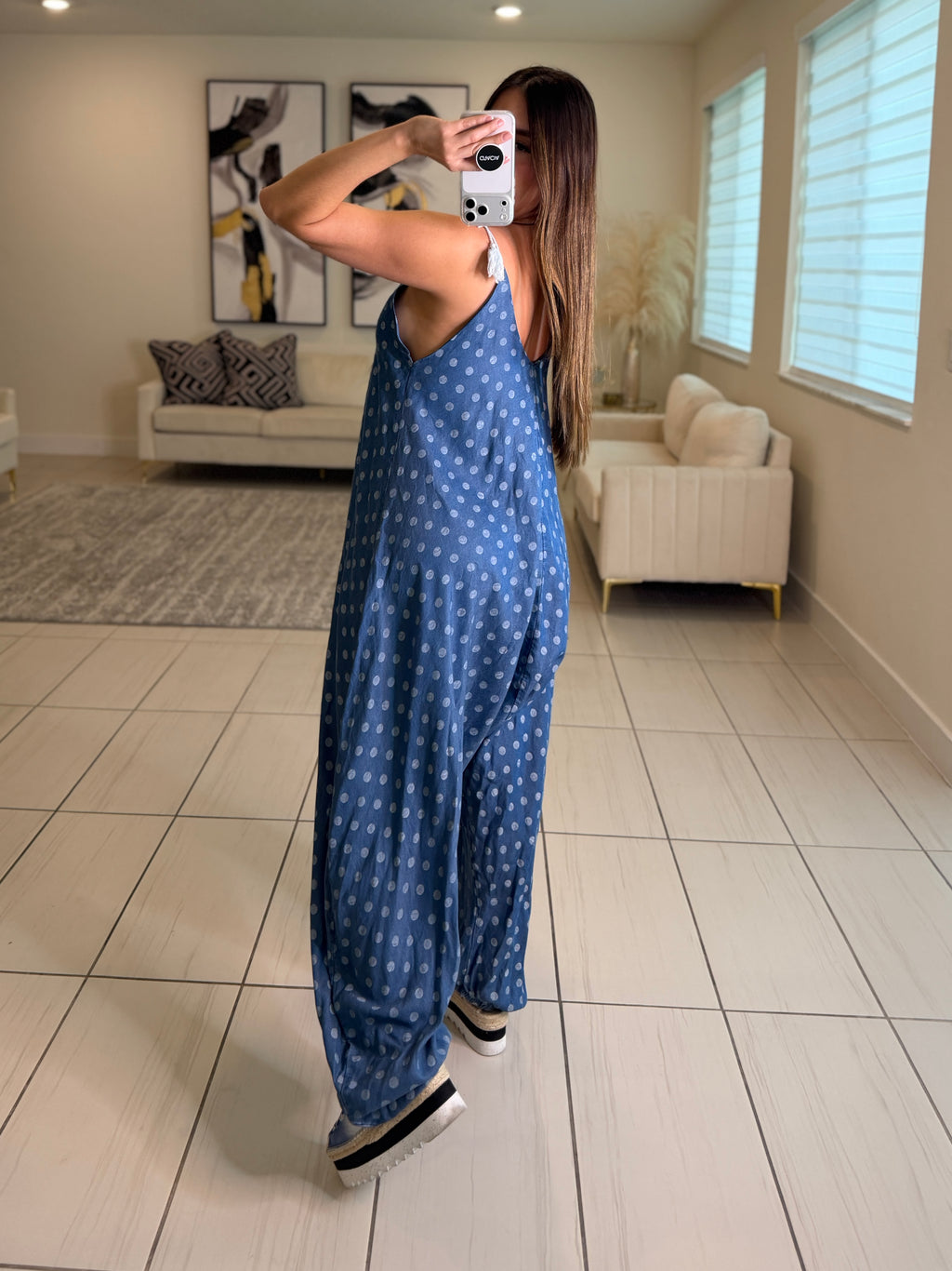 Polka Essence Ruched Light Denim Jumpsuit