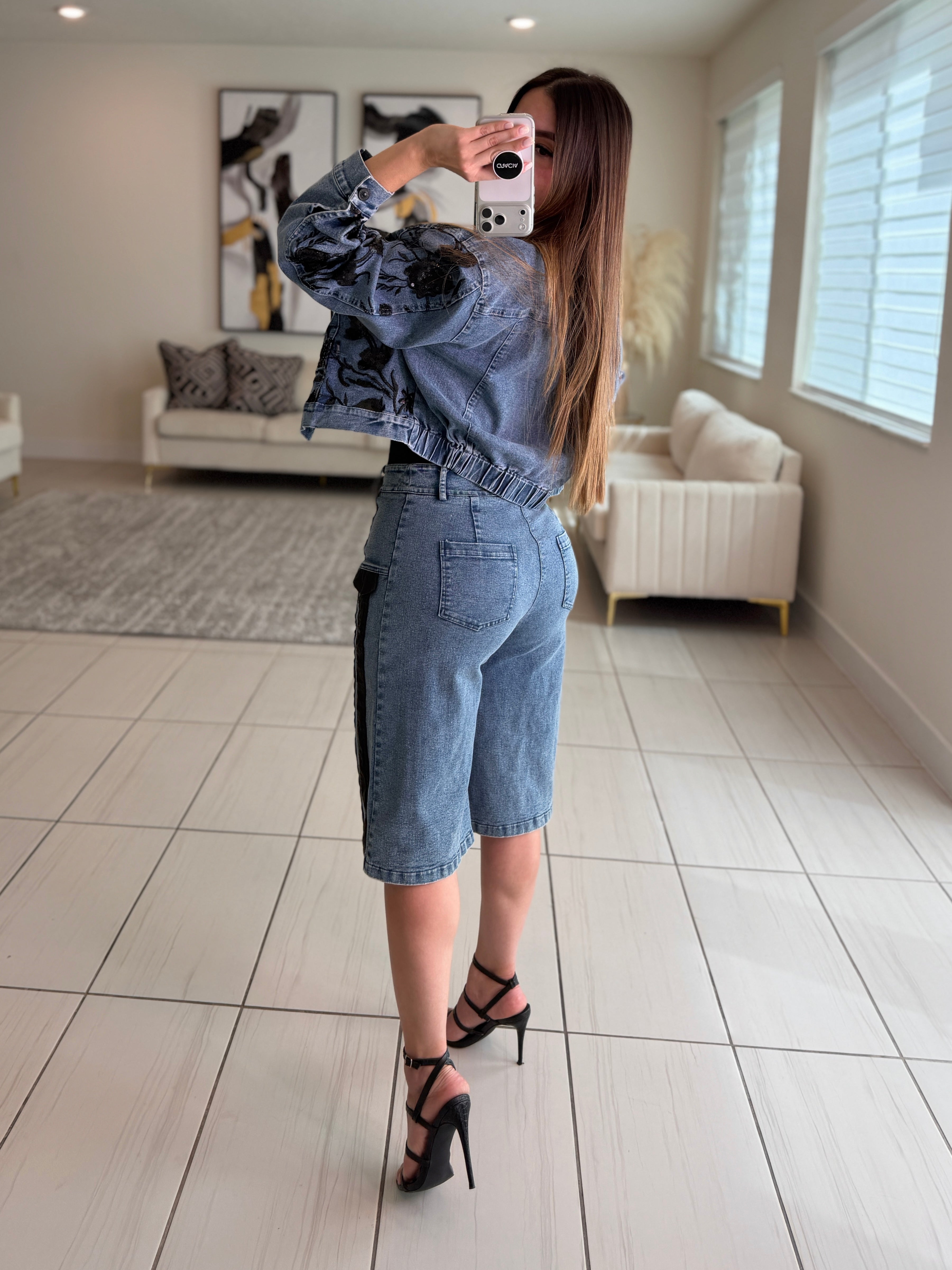 Midnight Bloom Denim Shorts Set